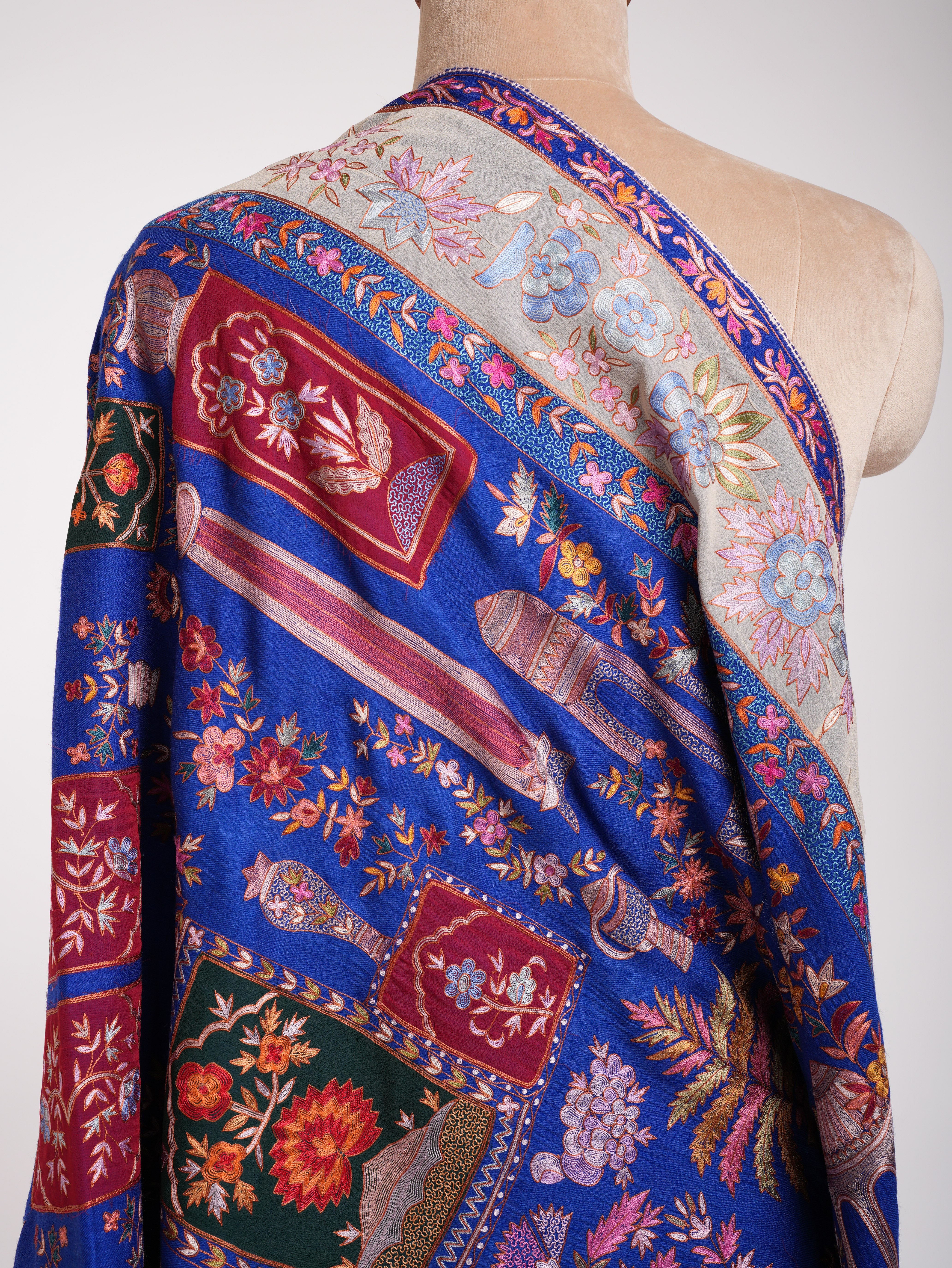 Blue Hand Embroidered Patched Pashmina Shawl