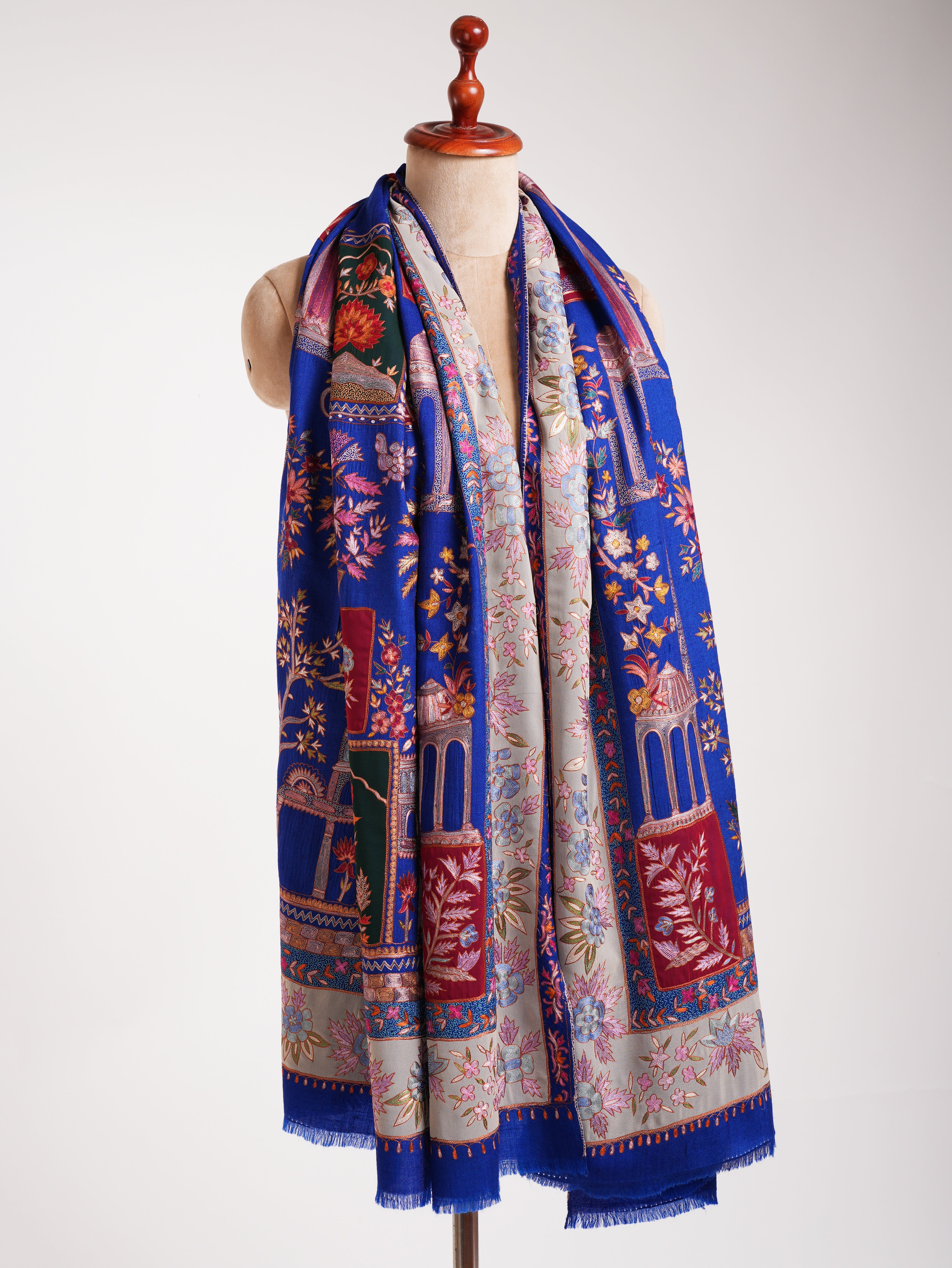 Blue Hand Embroidered Patched Pashmina Shawl