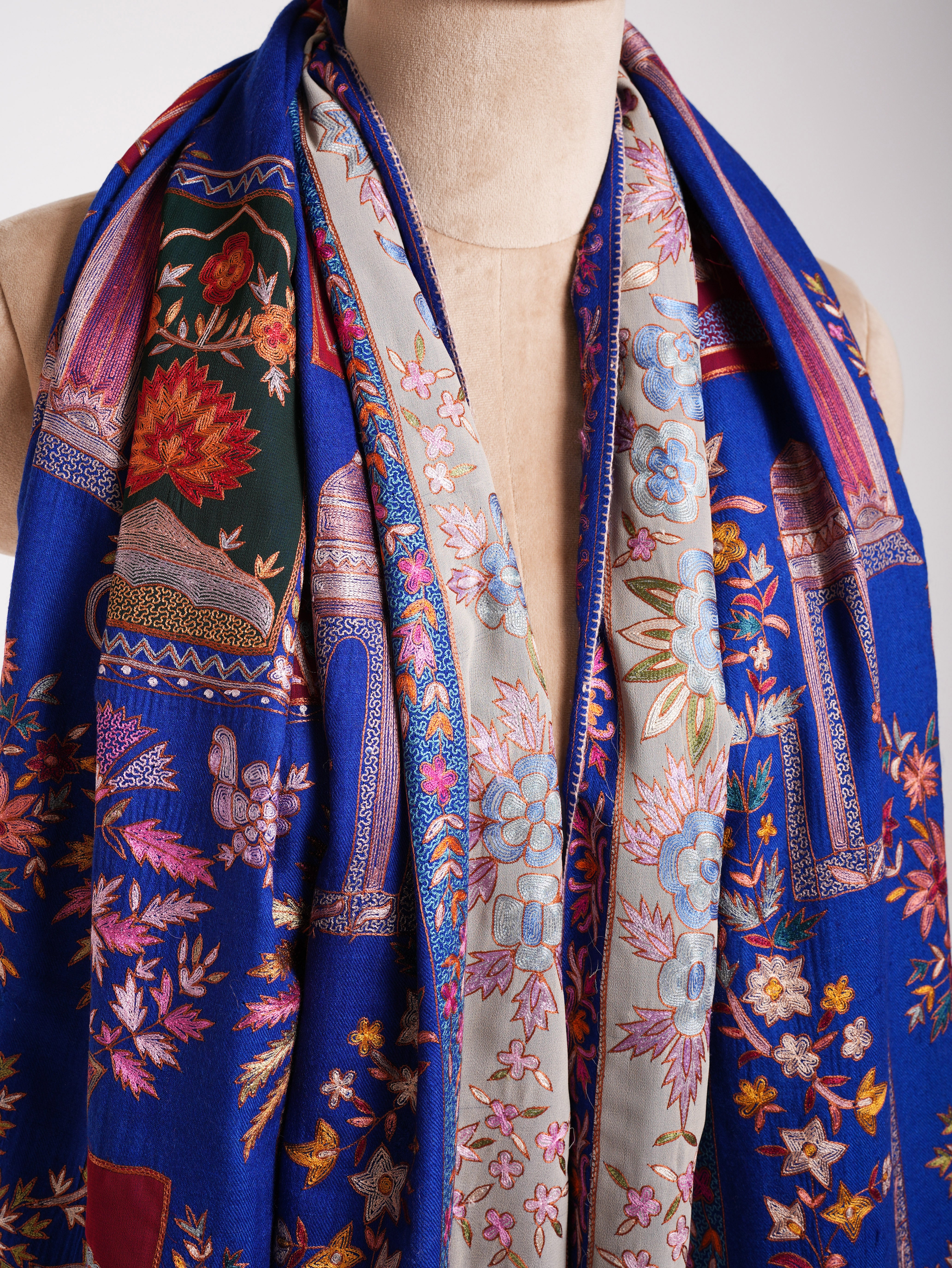 Blue Hand Embroidered Patched Pashmina Shawl