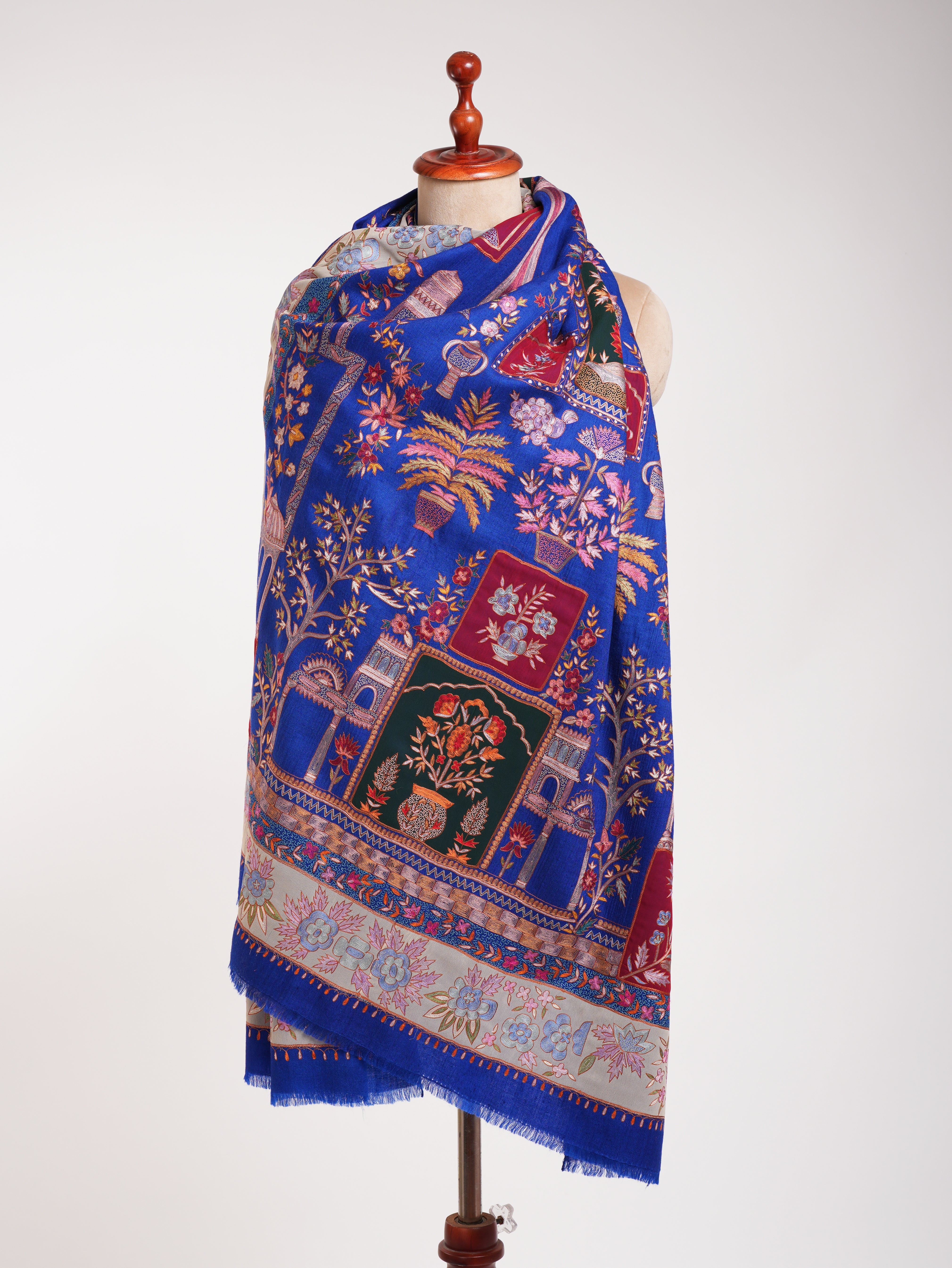 Blue Hand Embroidered Patched Pashmina Shawl