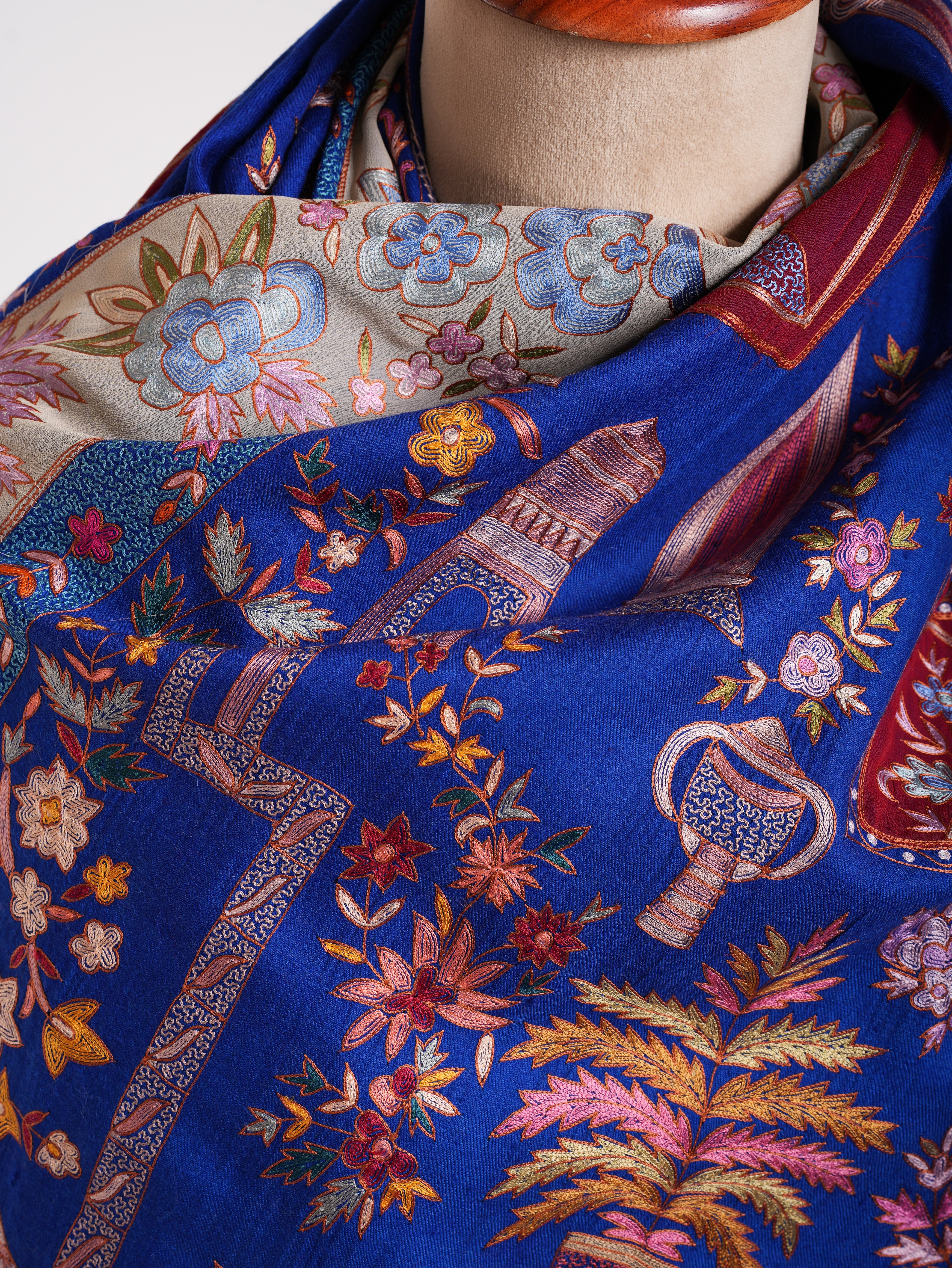 Blue Hand Embroidered Patched Pashmina Shawl