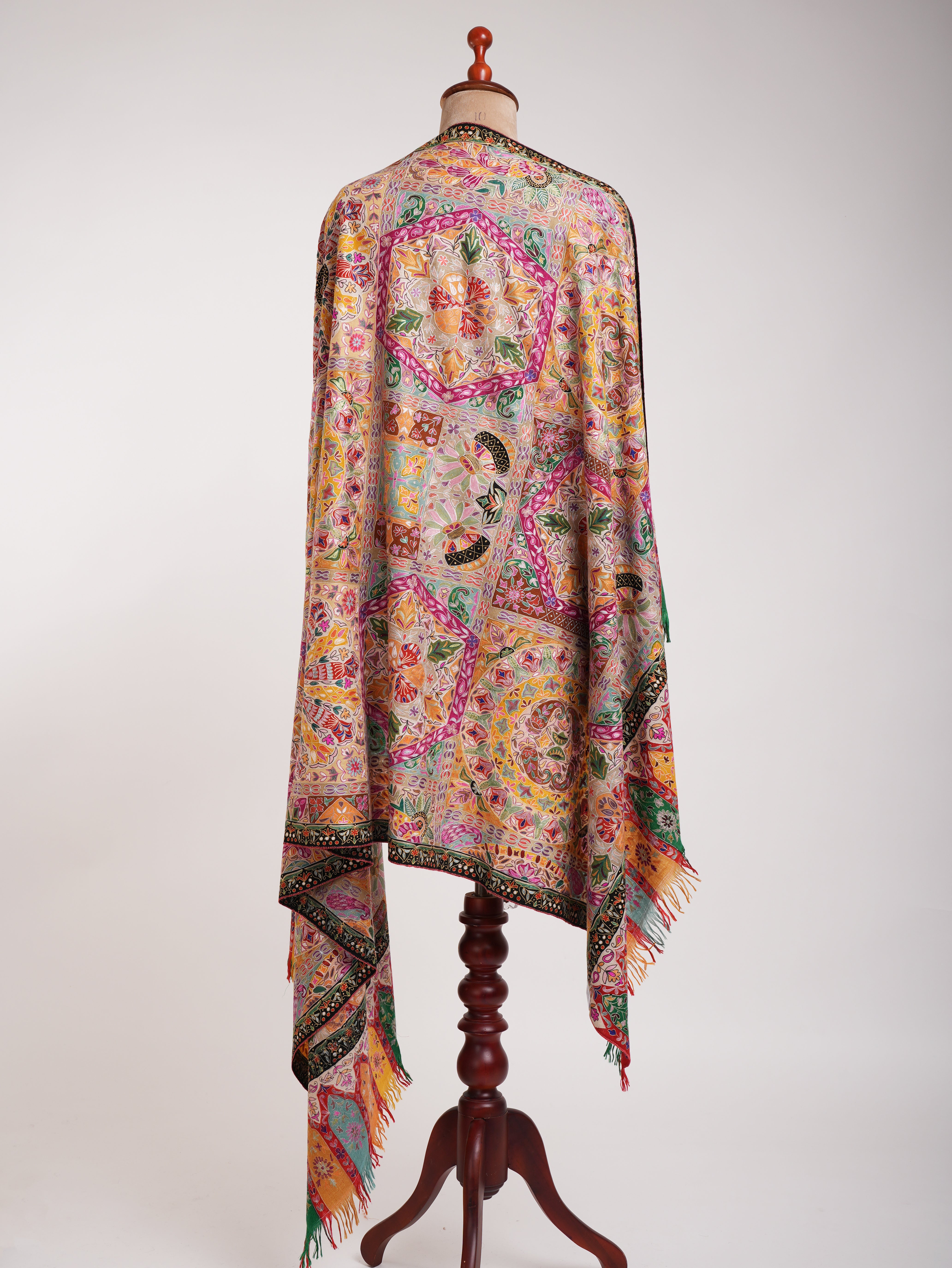 Hand painted Kalamkari Pashmina Shawl with Art Silk Embroidery