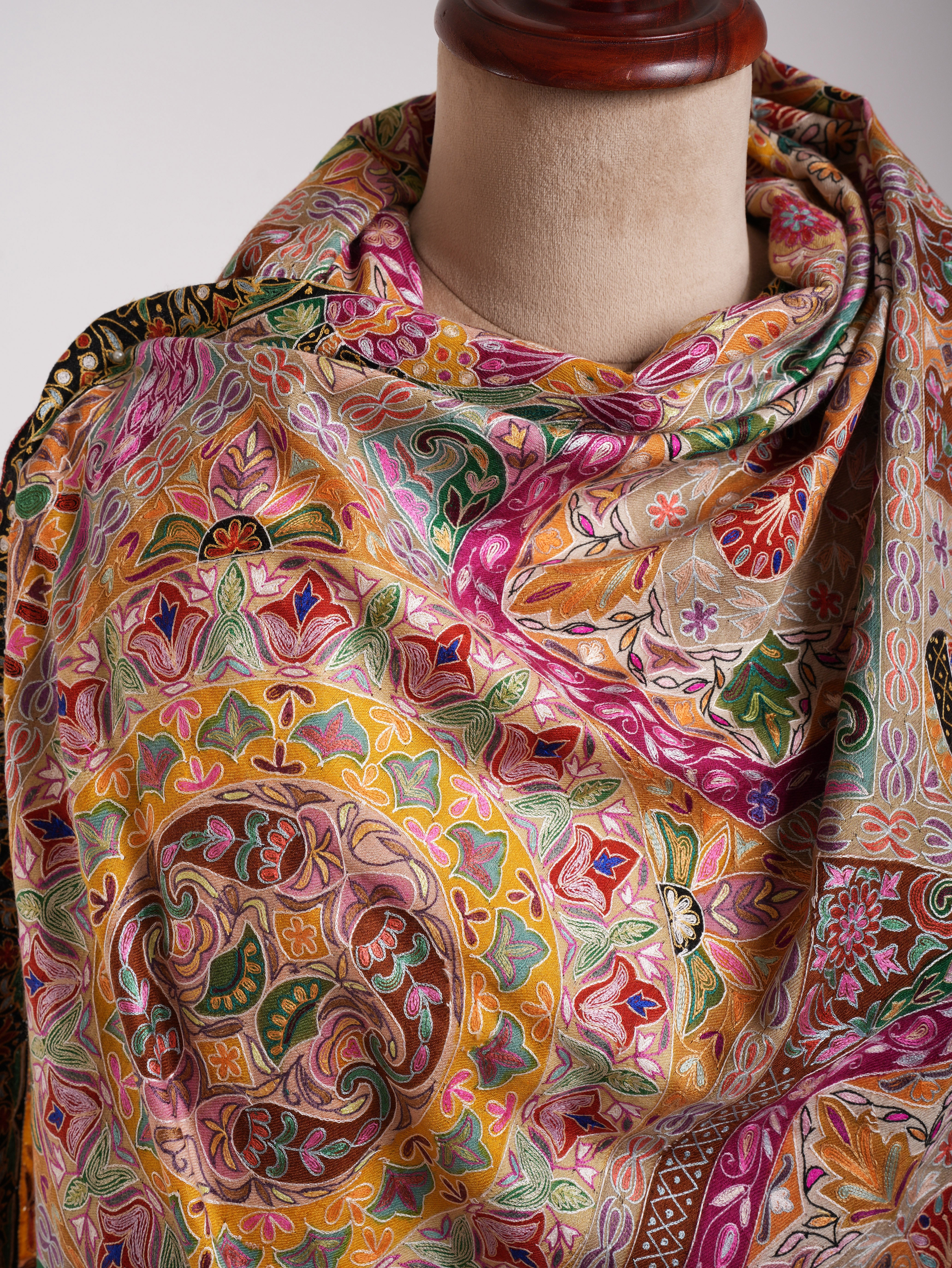 Hand painted Kalamkari Pashmina Shawl with Art Silk Embroidery