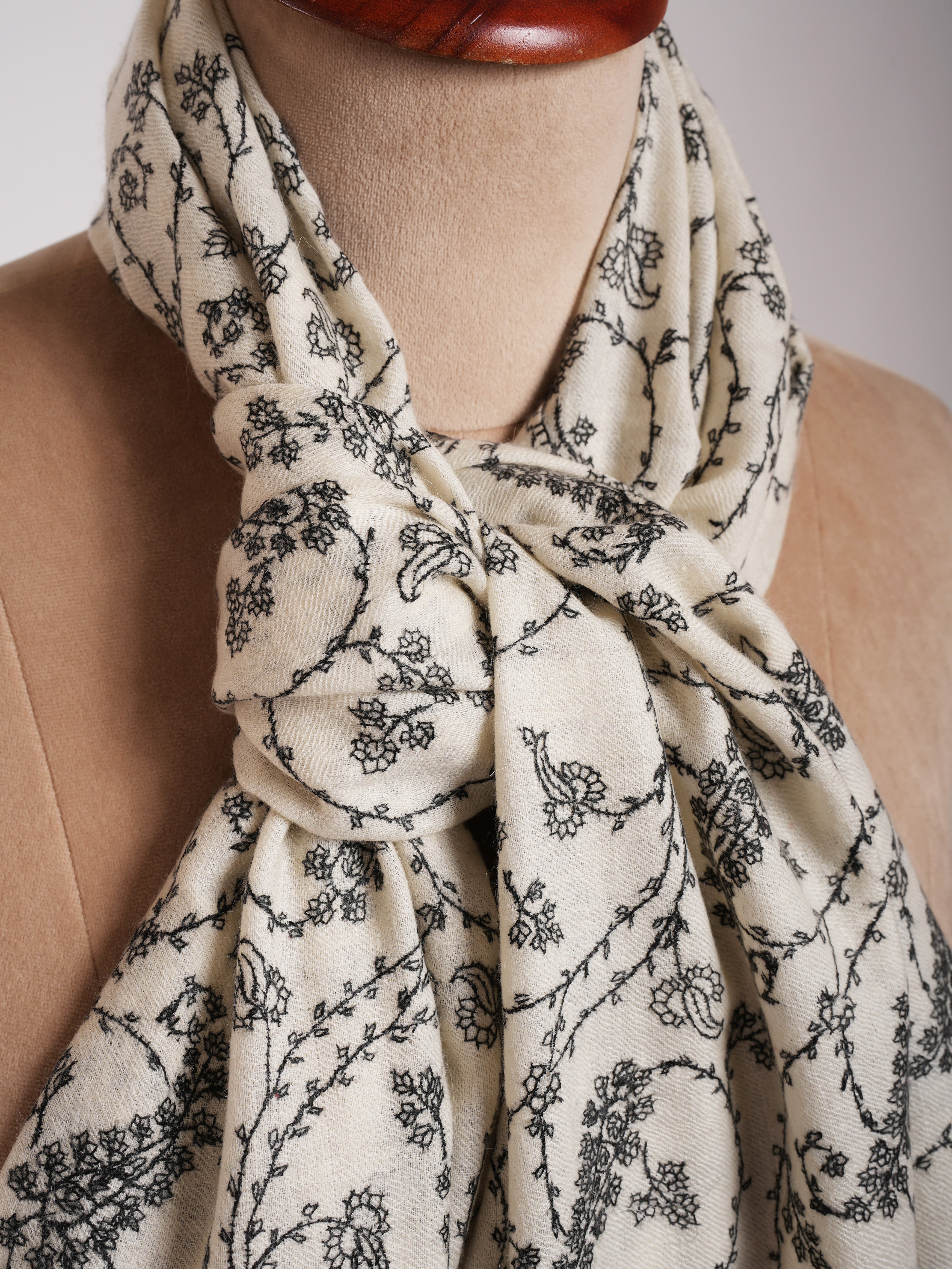 White Pure Cashmere Scarf with Black Sozni Embroidery