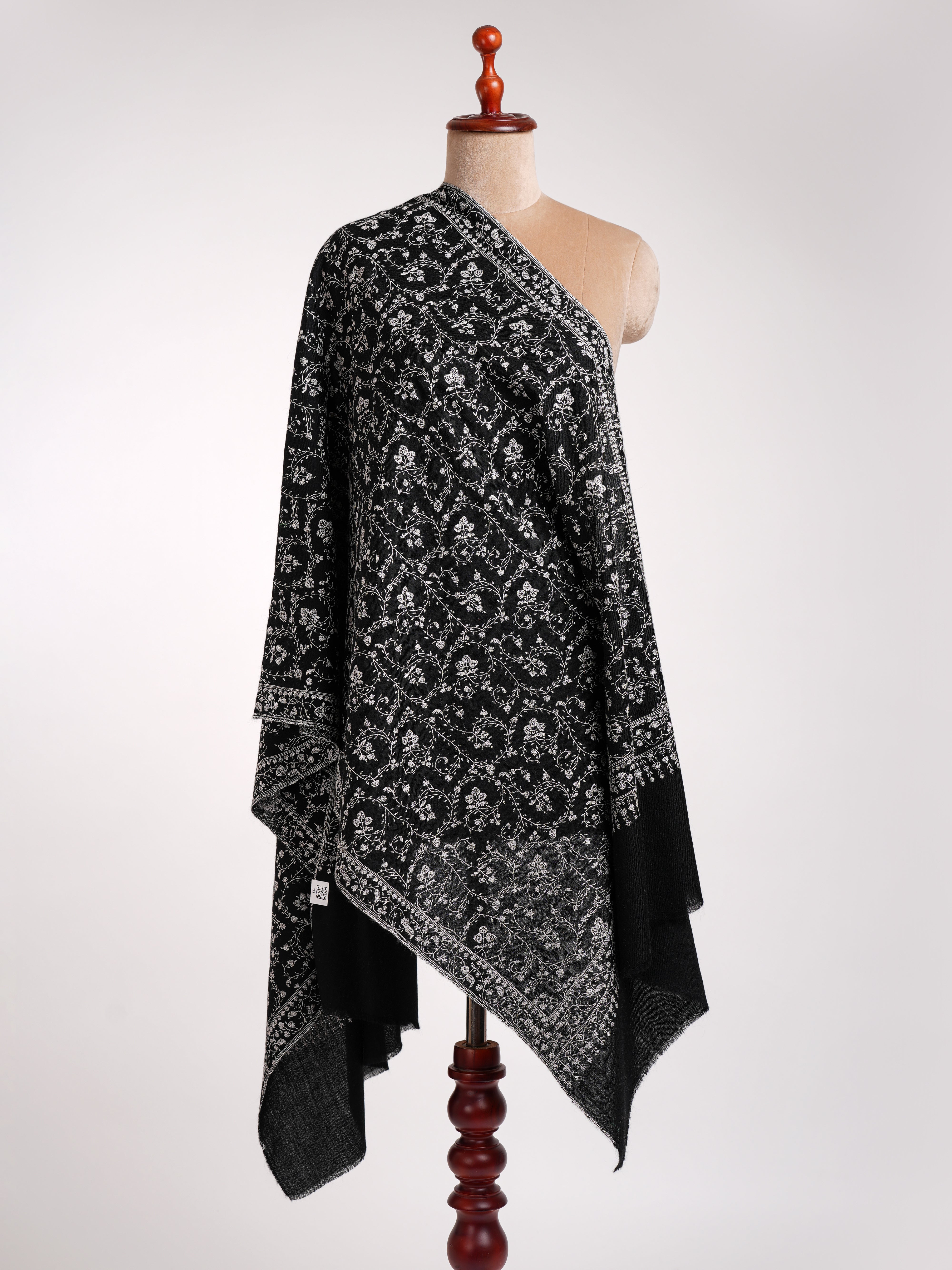 Black Cashmere Stole with Grey Sozni Embroidery