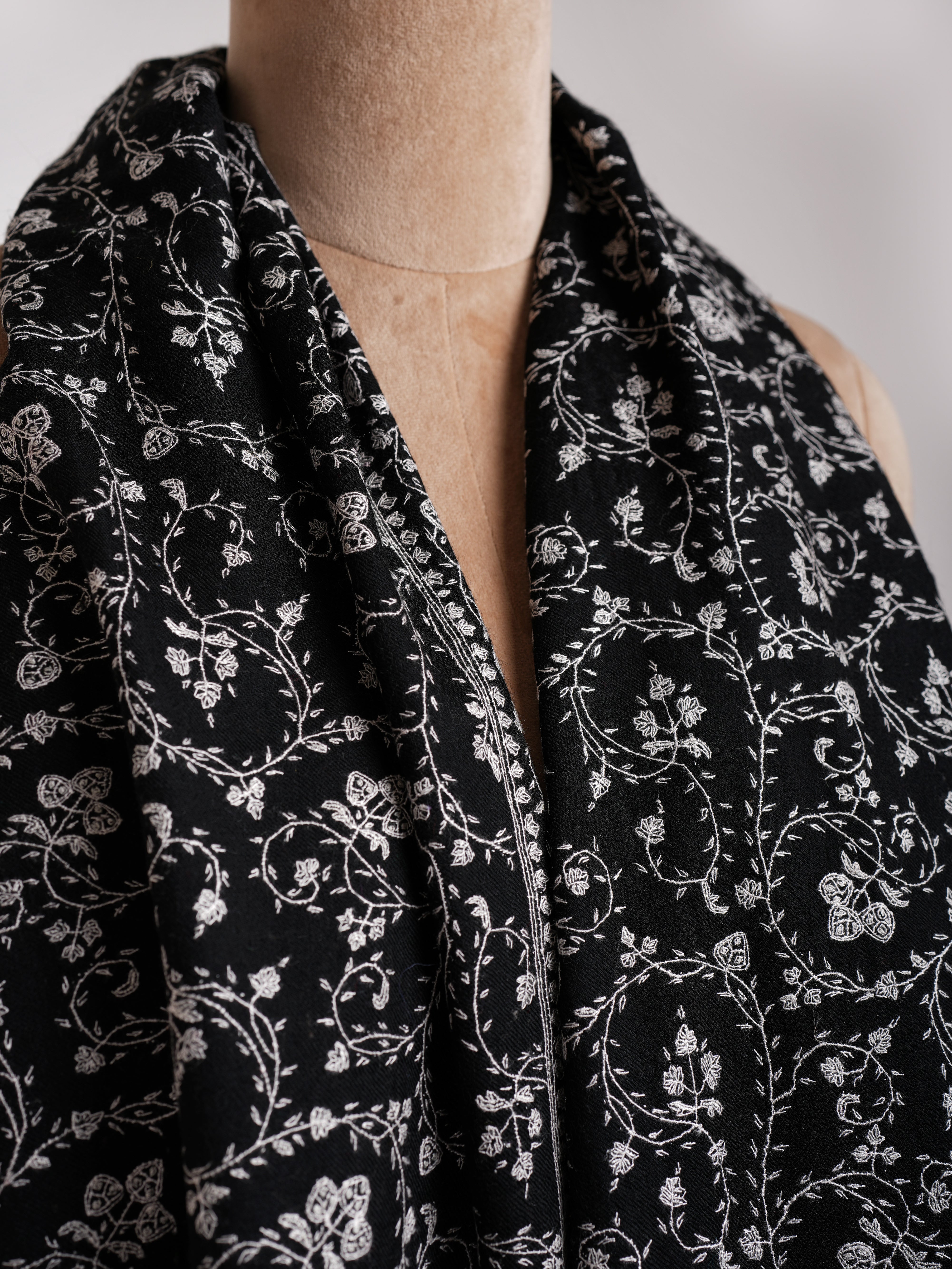 Black Cashmere Stole with Grey Sozni Embroidery