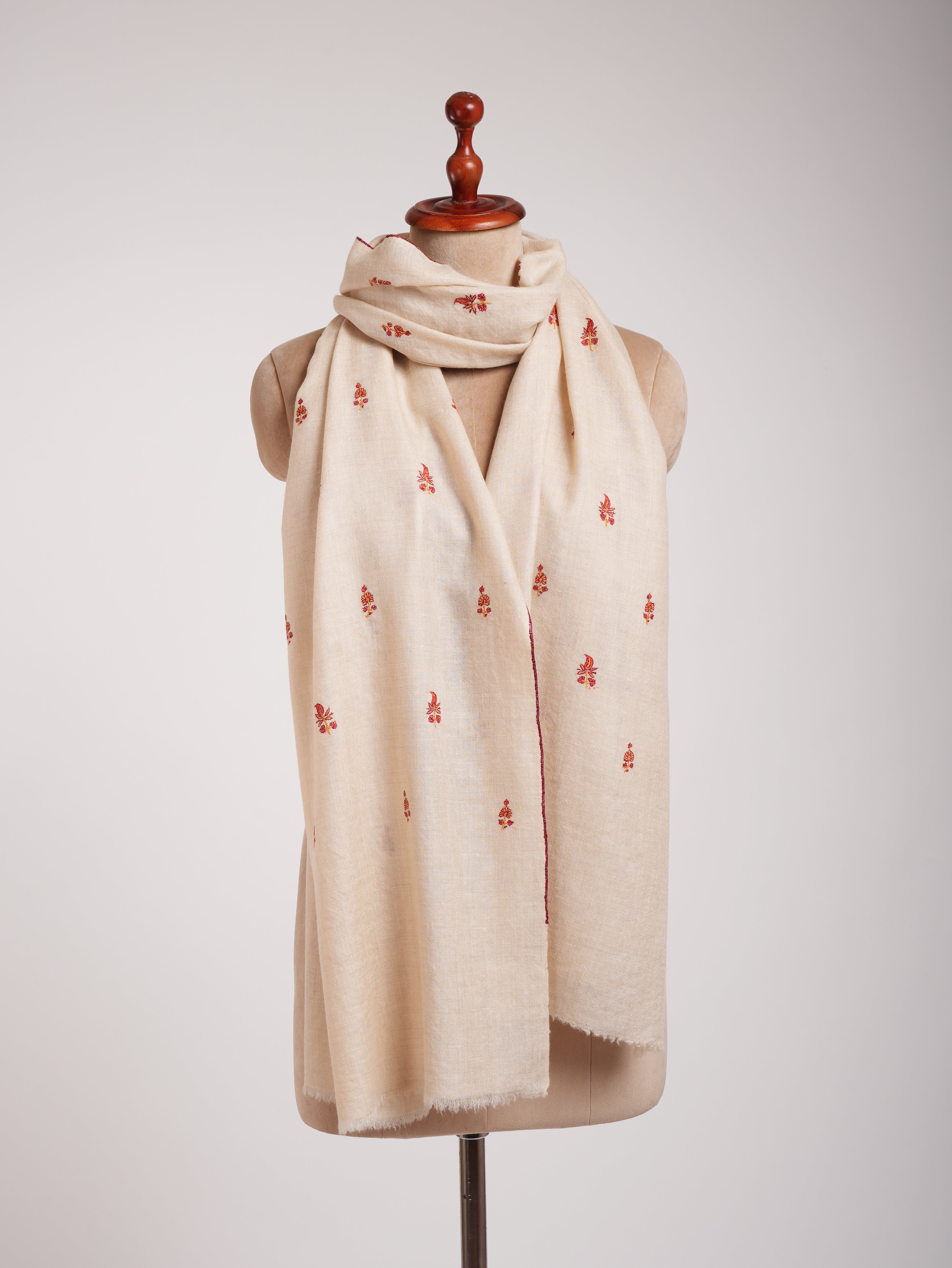 Cream Sozni Embroidered Cashmere Scarf