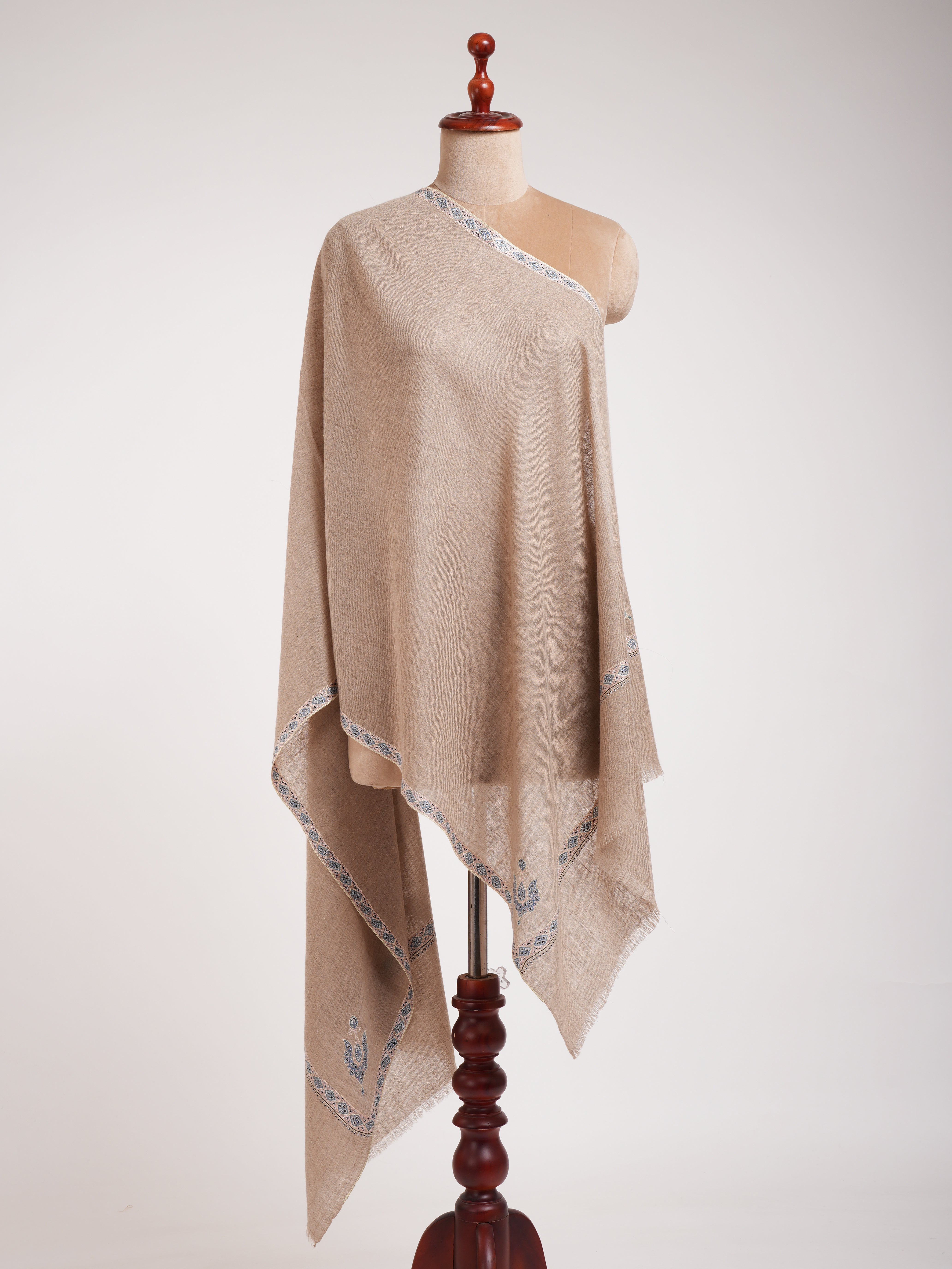 Natural Gray Indian Cashmere Embroidered Scarf