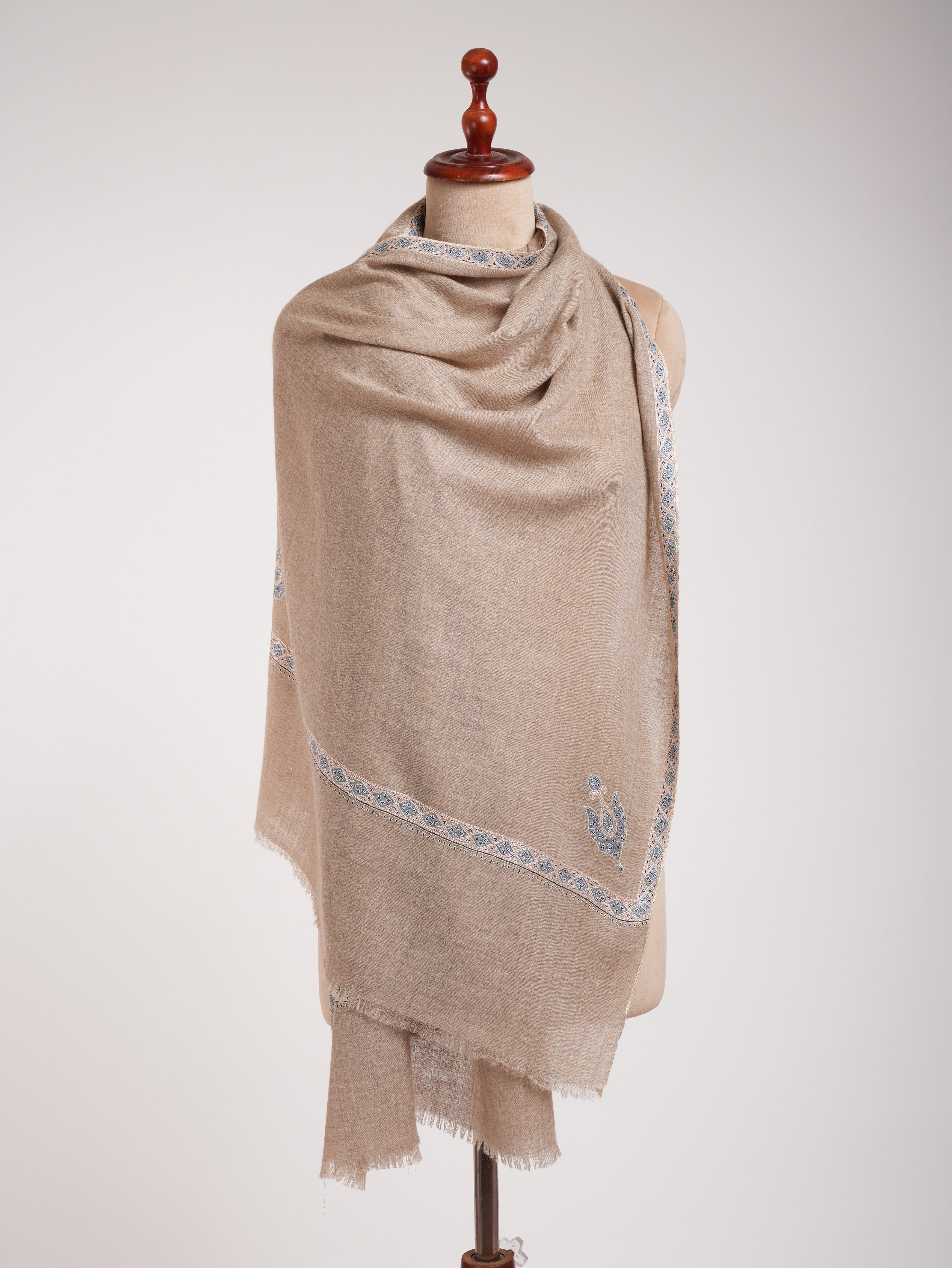 Natural Gray Indian Cashmere Embroidered Scarf