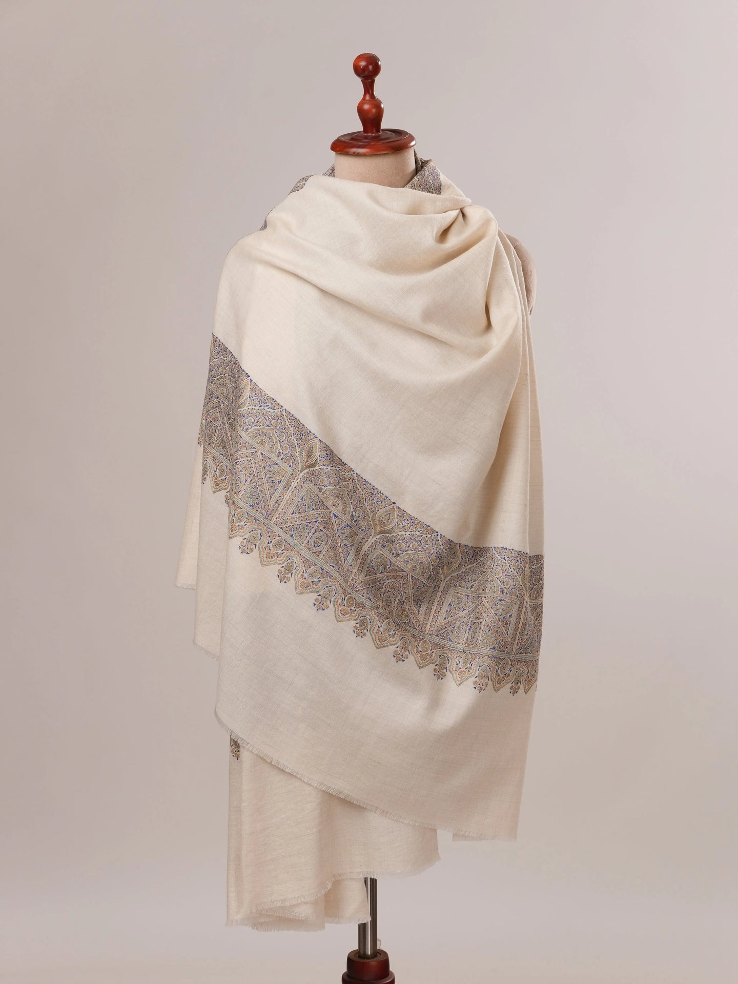Ivory Kalandaur Pure Pashmina Shawl with Detailed Hand Embroidery Shahkaar.com