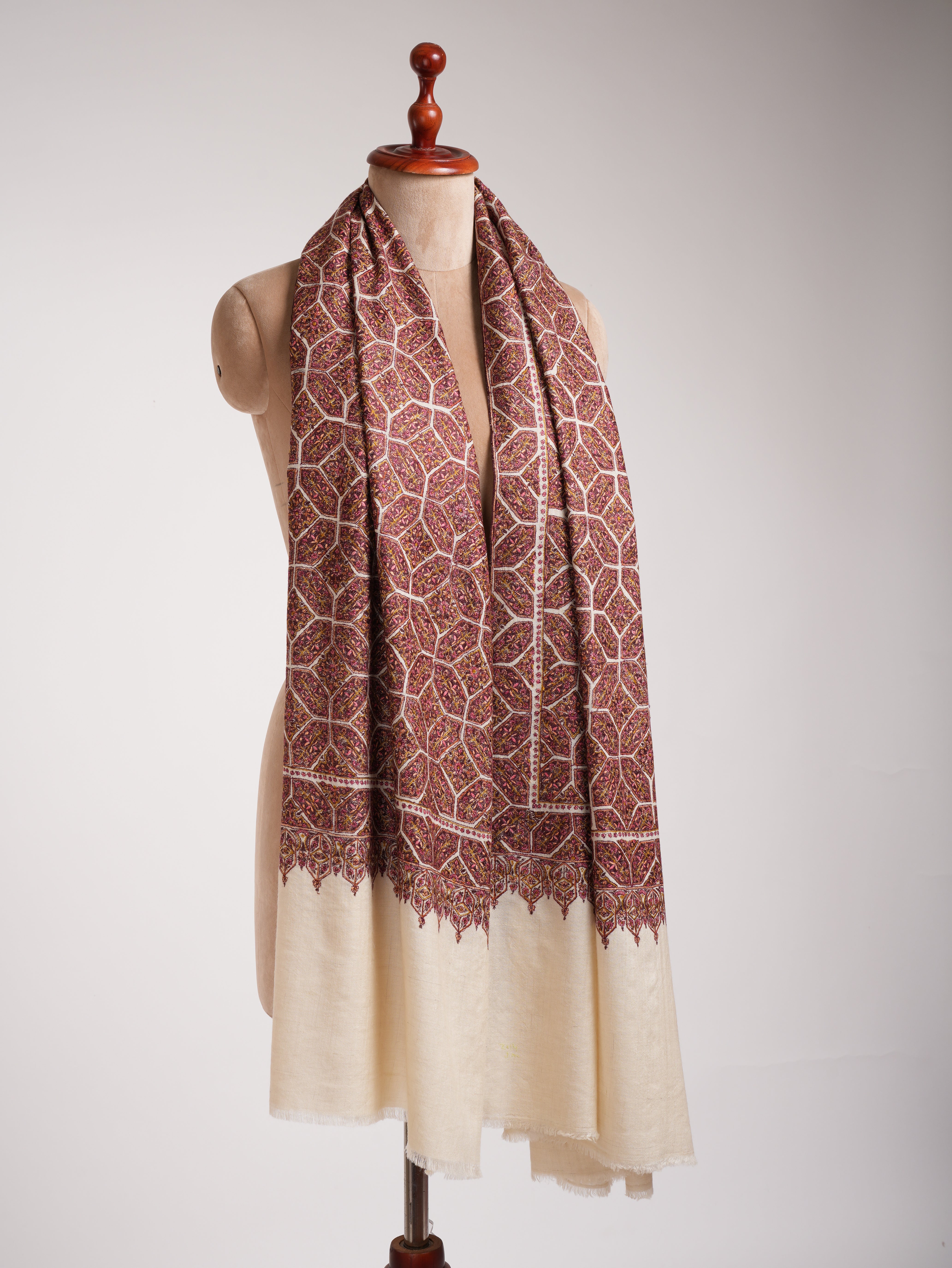 Ivory Khatam Band Embroidered Motif Timeless Pashmina Jamavar Shawl