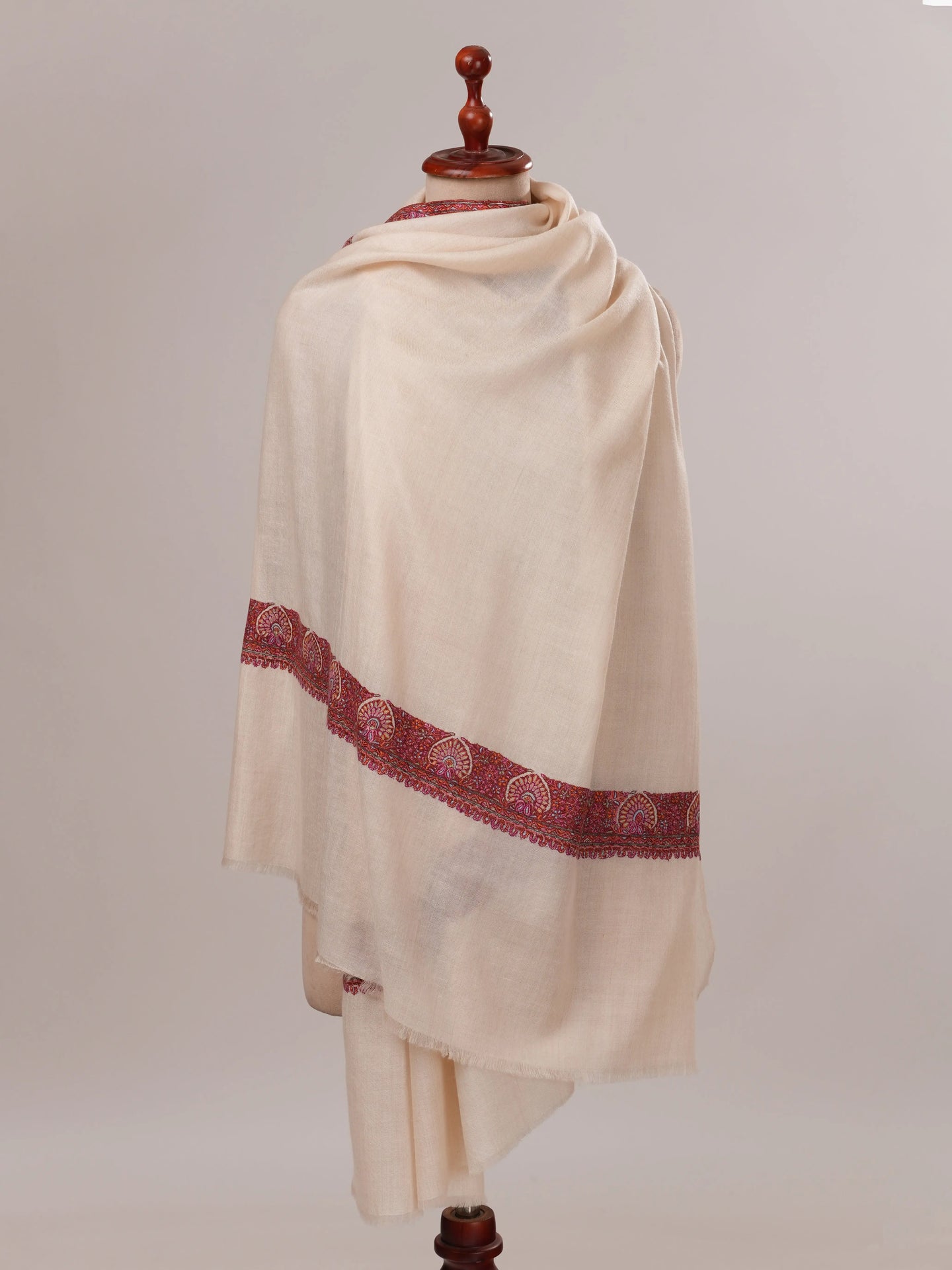 White Neemdaur Hand Embroidered Pure Soft Pashmina Shawl Shahkaar.com