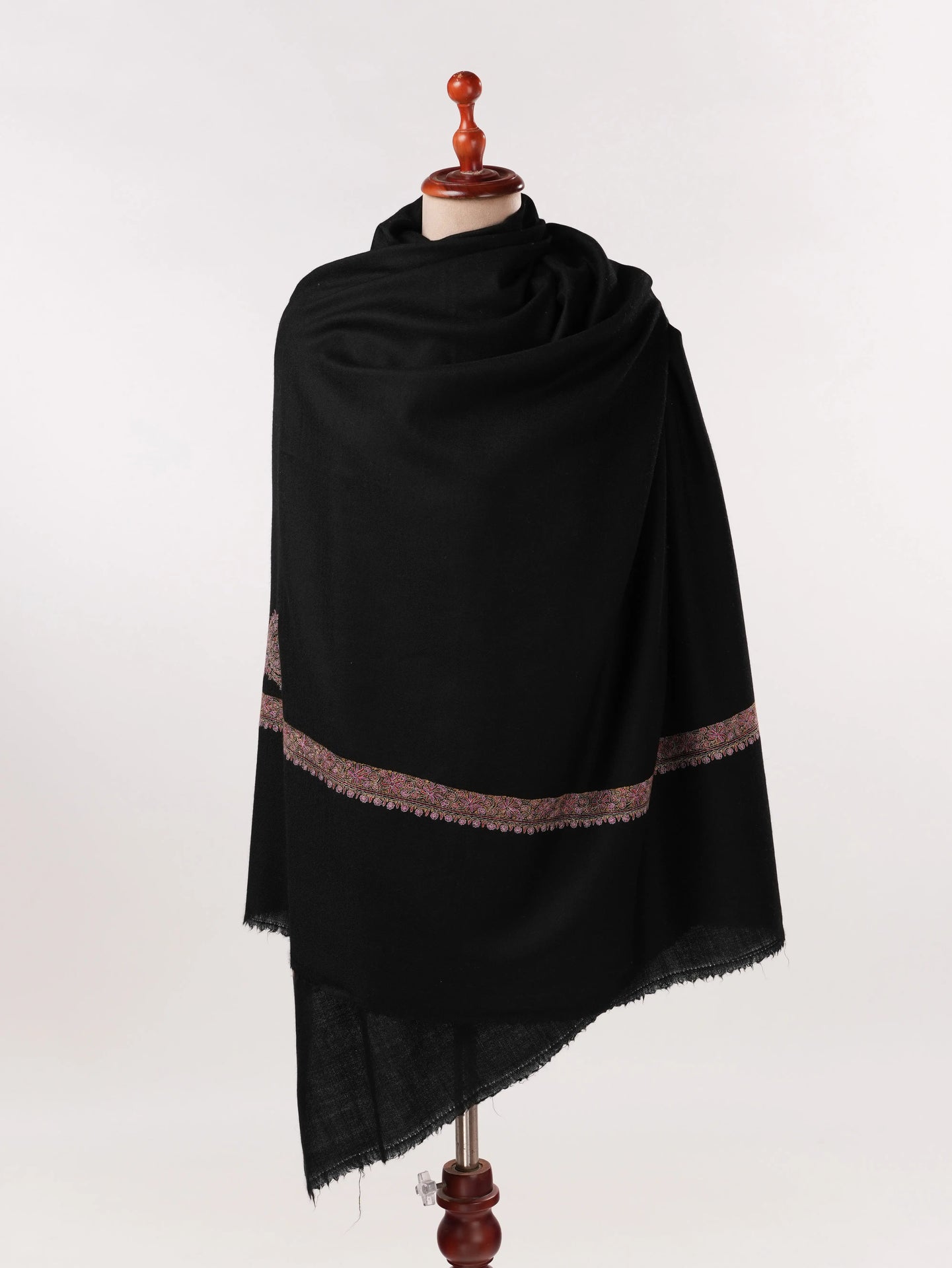 Black Handwoven Kashmiri Pashmina Shawl with Hashia Hand Embroidery Shahkaar.com