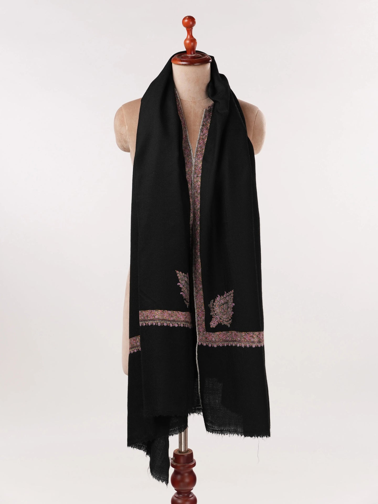 Black Handwoven Kashmiri Pashmina Shawl with Hashia Hand Embroidery Shahkaar.com