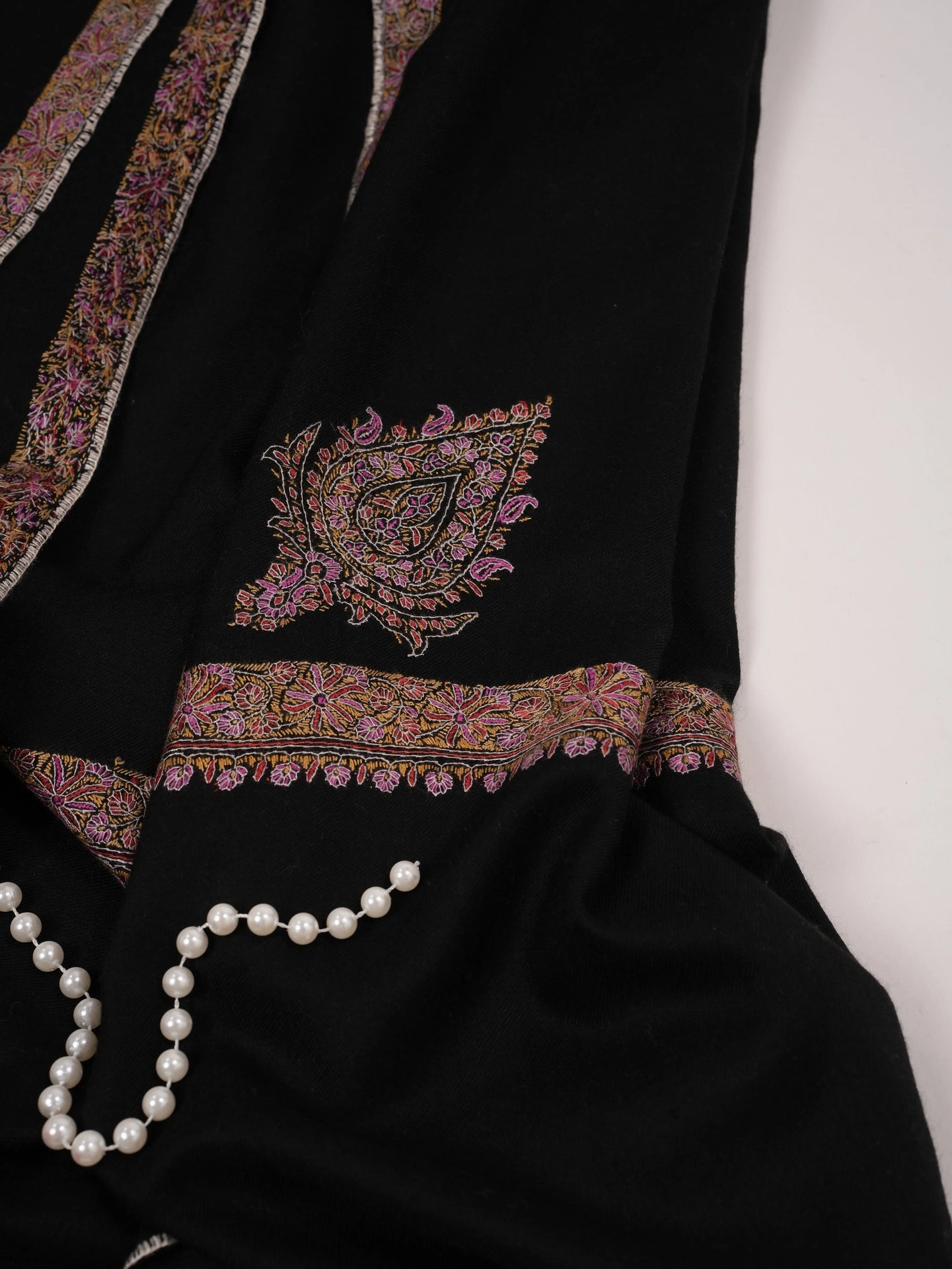 Black Handwoven Kashmiri Pashmina Shawl with Hashia Hand Embroidery Shahkaar.com