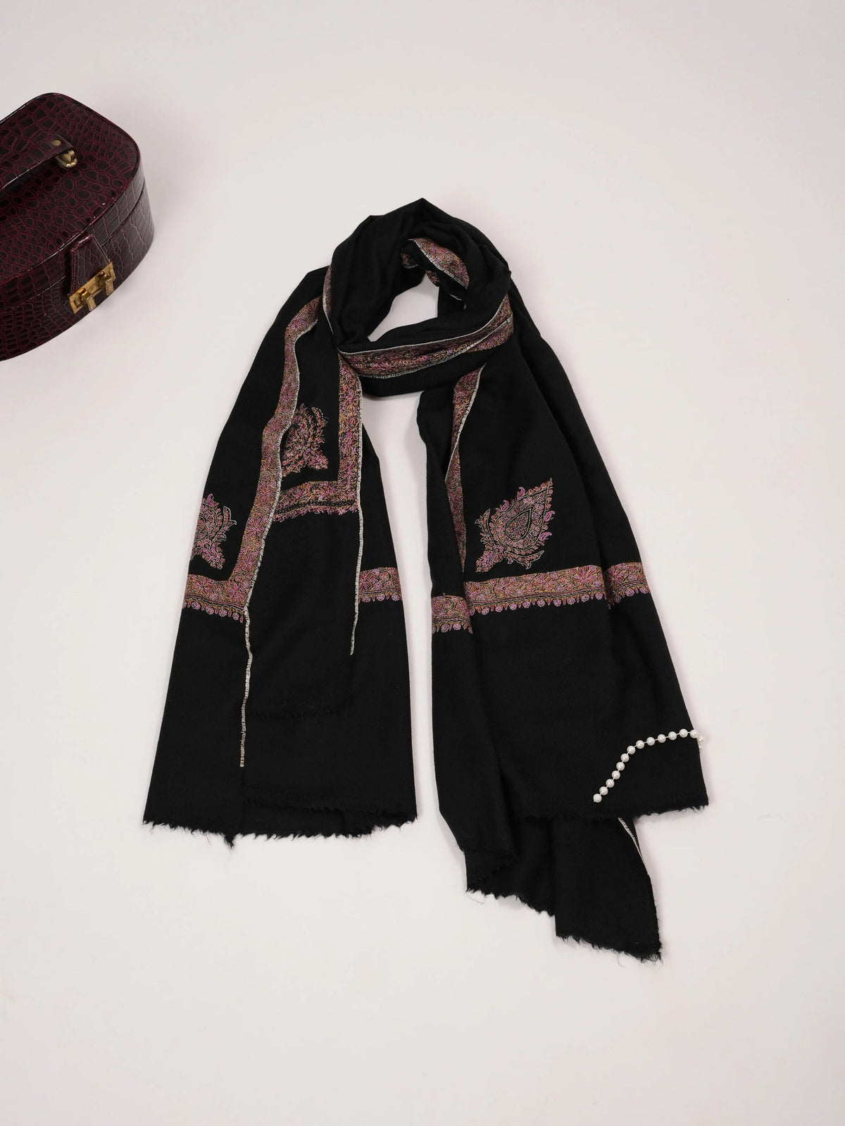 Black Handwoven Kashmiri Pashmina Shawl with Hashia Hand Embroidery Shahkaar.com