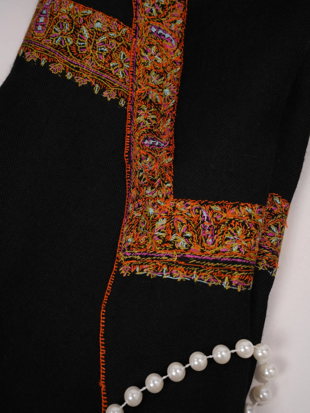 Black Authentic Pashmina Shawl with Hashia Hand Embroidery Shahkaar.com