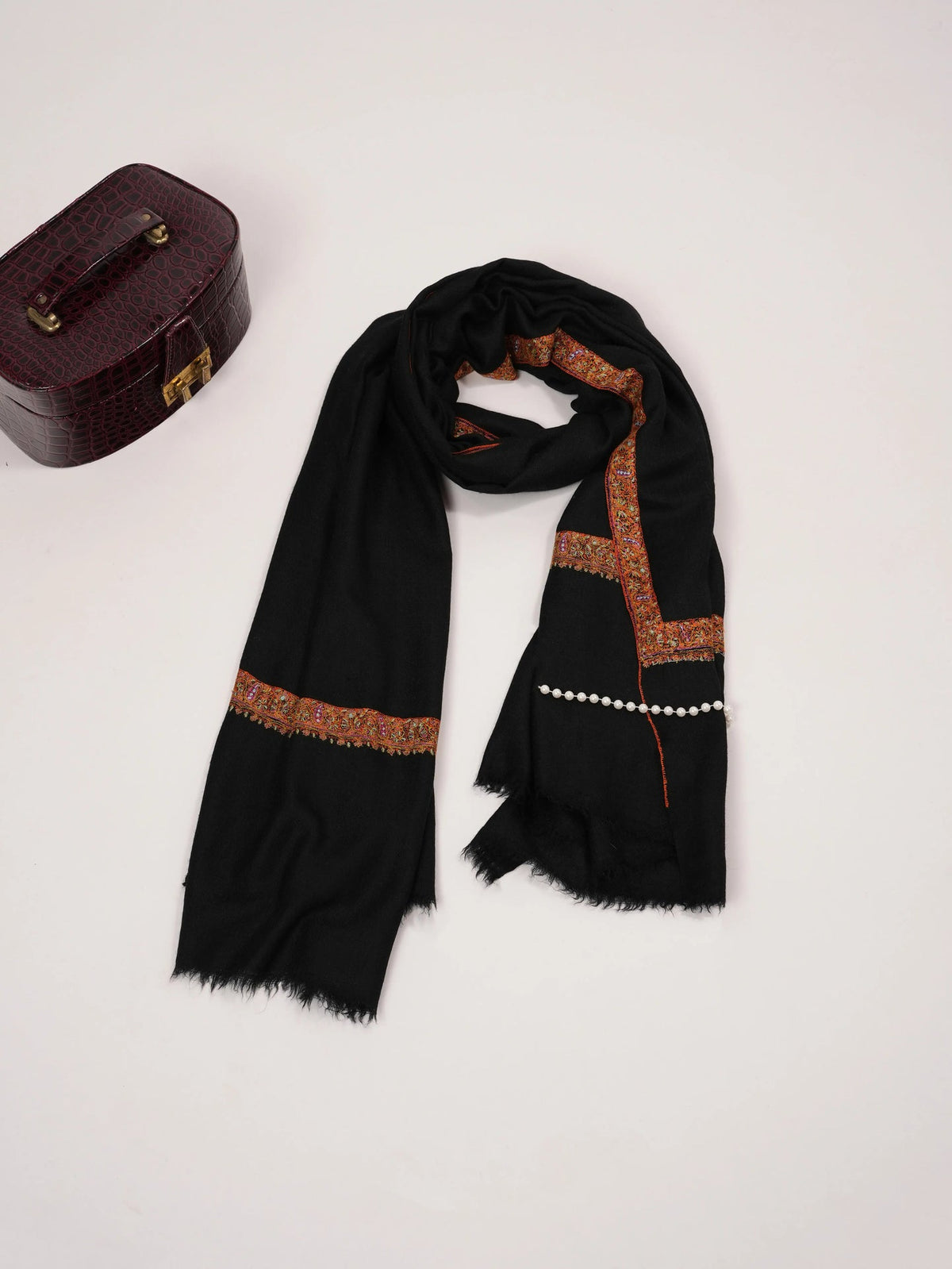Black Authentic Pashmina Shawl with Hashia Hand Embroidery Shahkaar.com