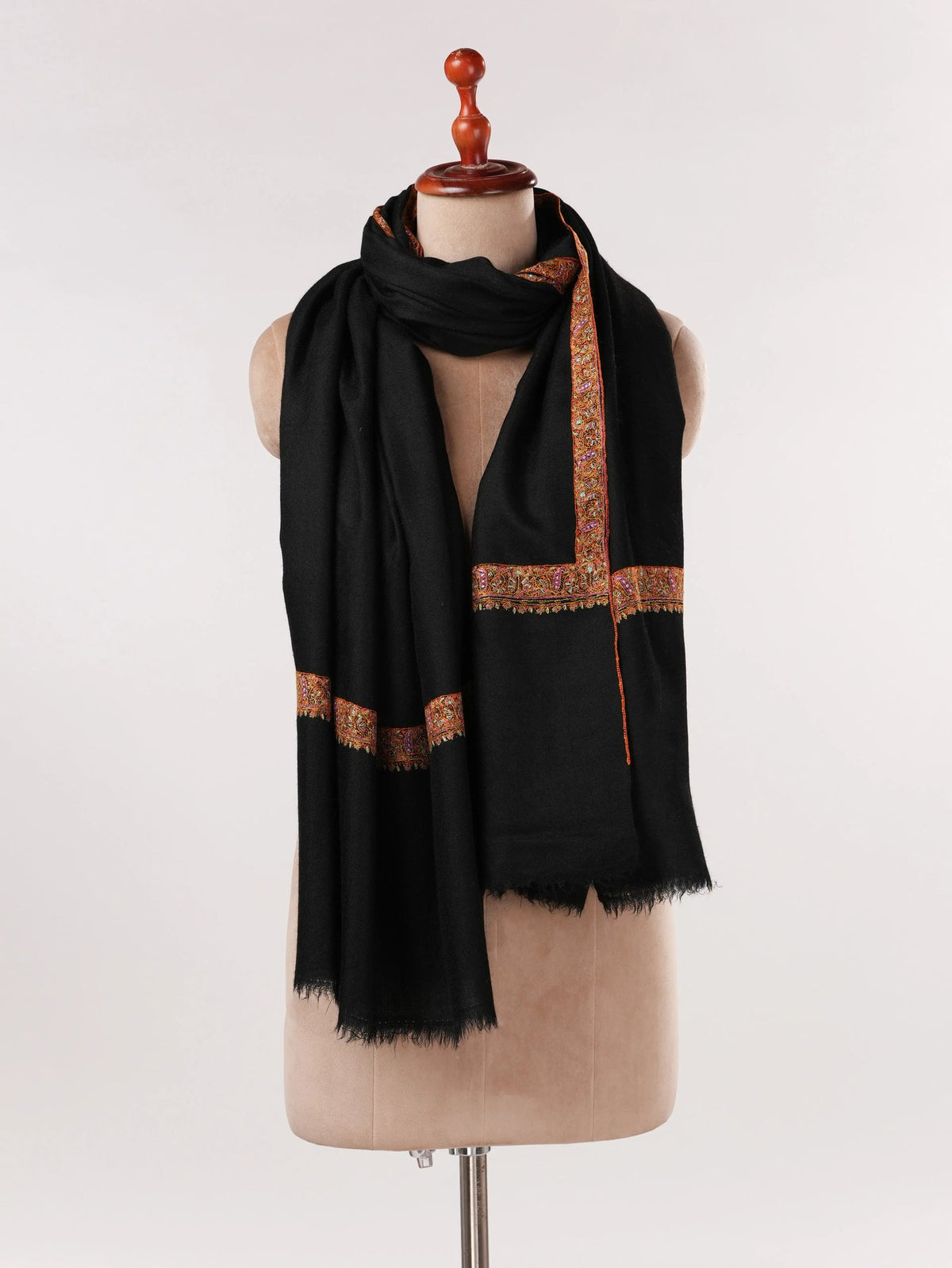 Black Authentic Pashmina Shawl with Hashia Hand Embroidery Shahkaar.com