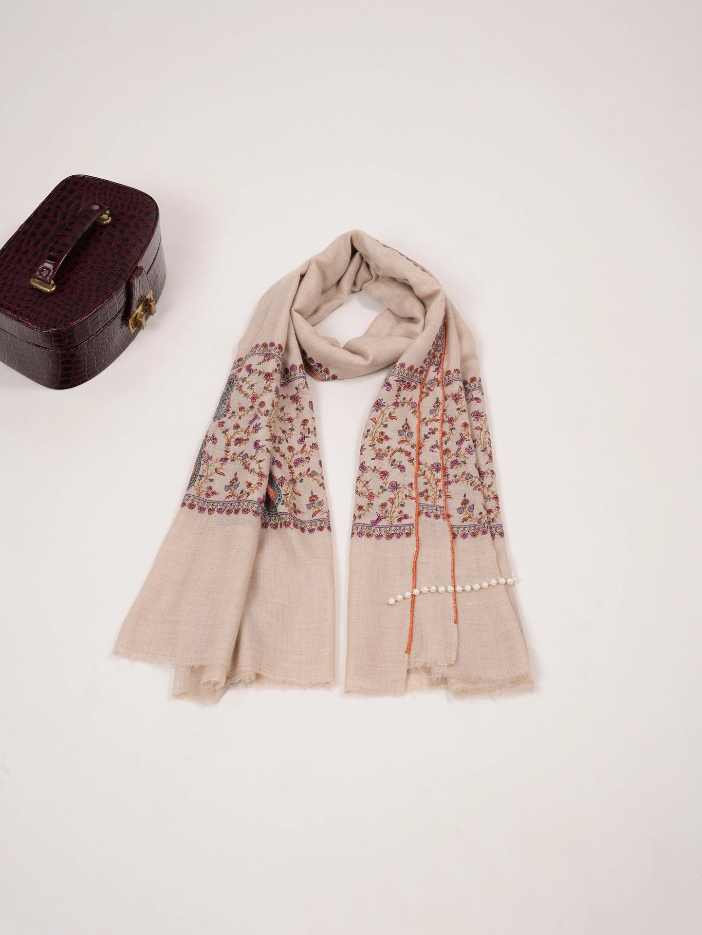 Natural White Pure Pashmina Shawl with Sozni Palldar Embroidery Shahkaar.com