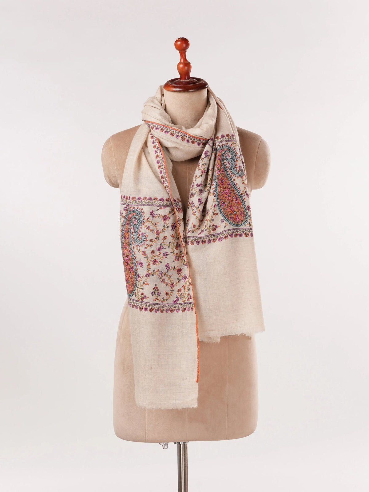 Natural White Pure Pashmina Shawl with Sozni Palldar Embroidery Shahkaar.com