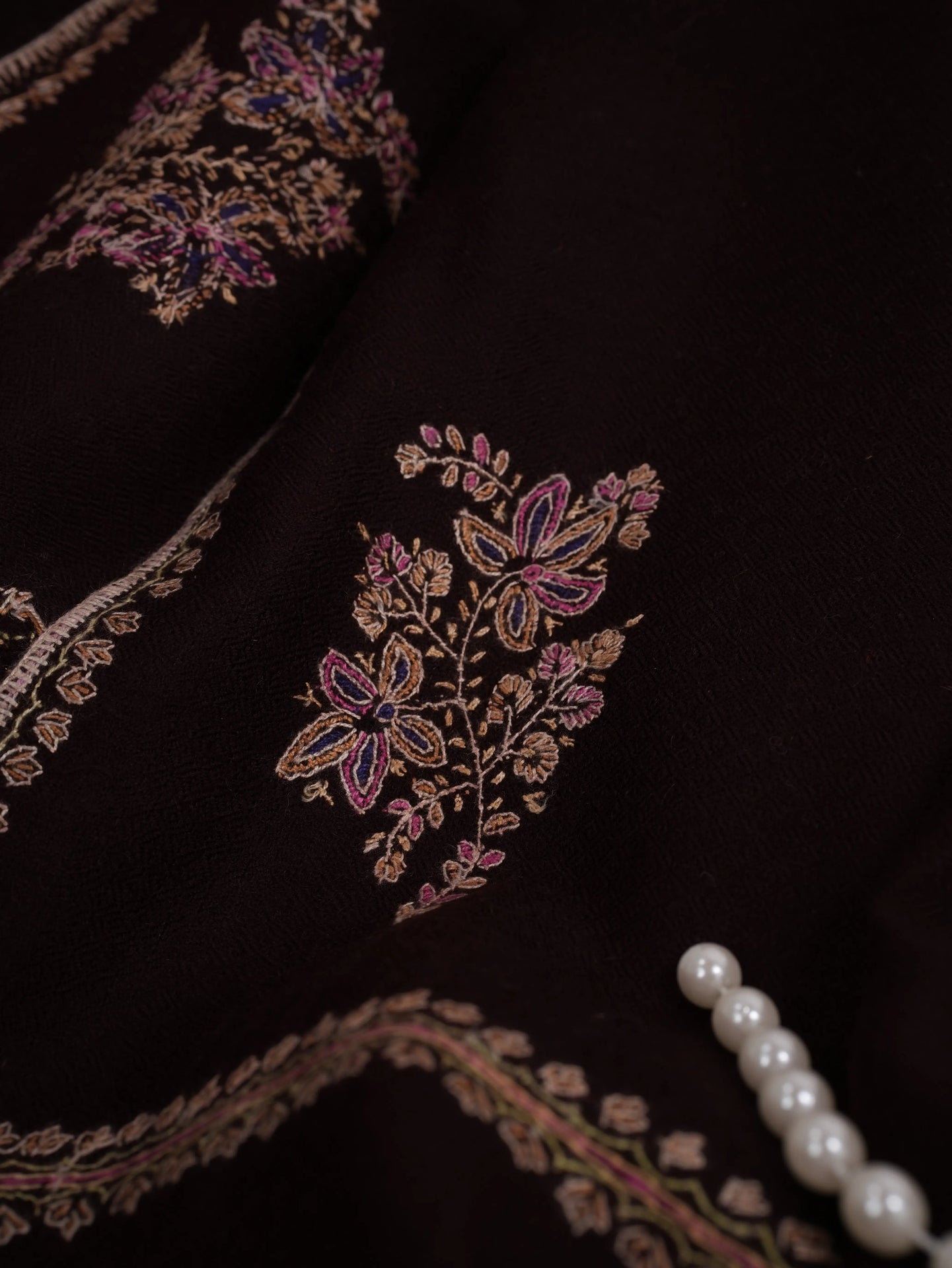 Handwoven Dark Brown Pashmina Shawl with Buteh Embroidery Shahkaar.com