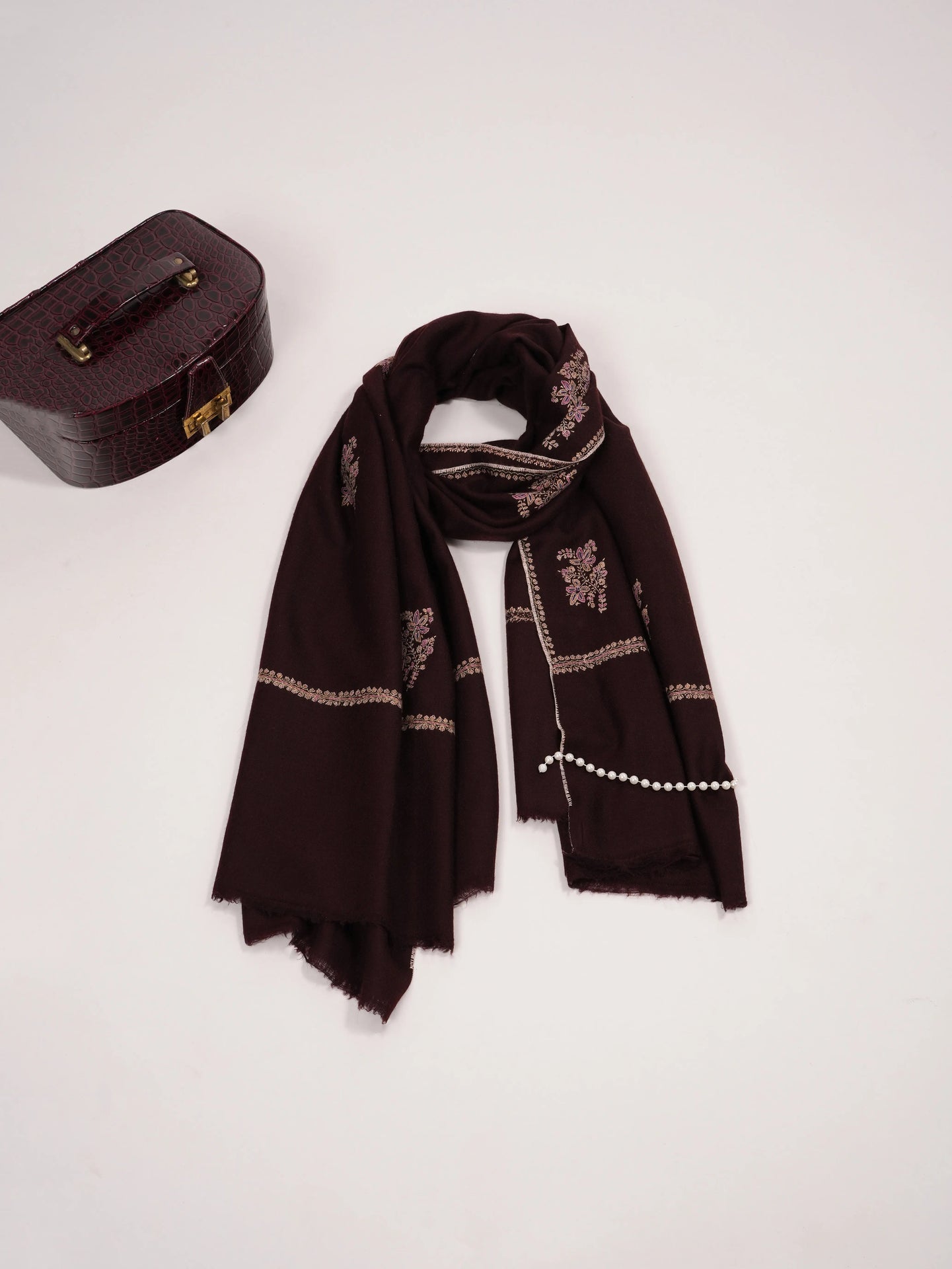 Handwoven Dark Brown Pashmina Shawl with Buteh Embroidery Shahkaar.com