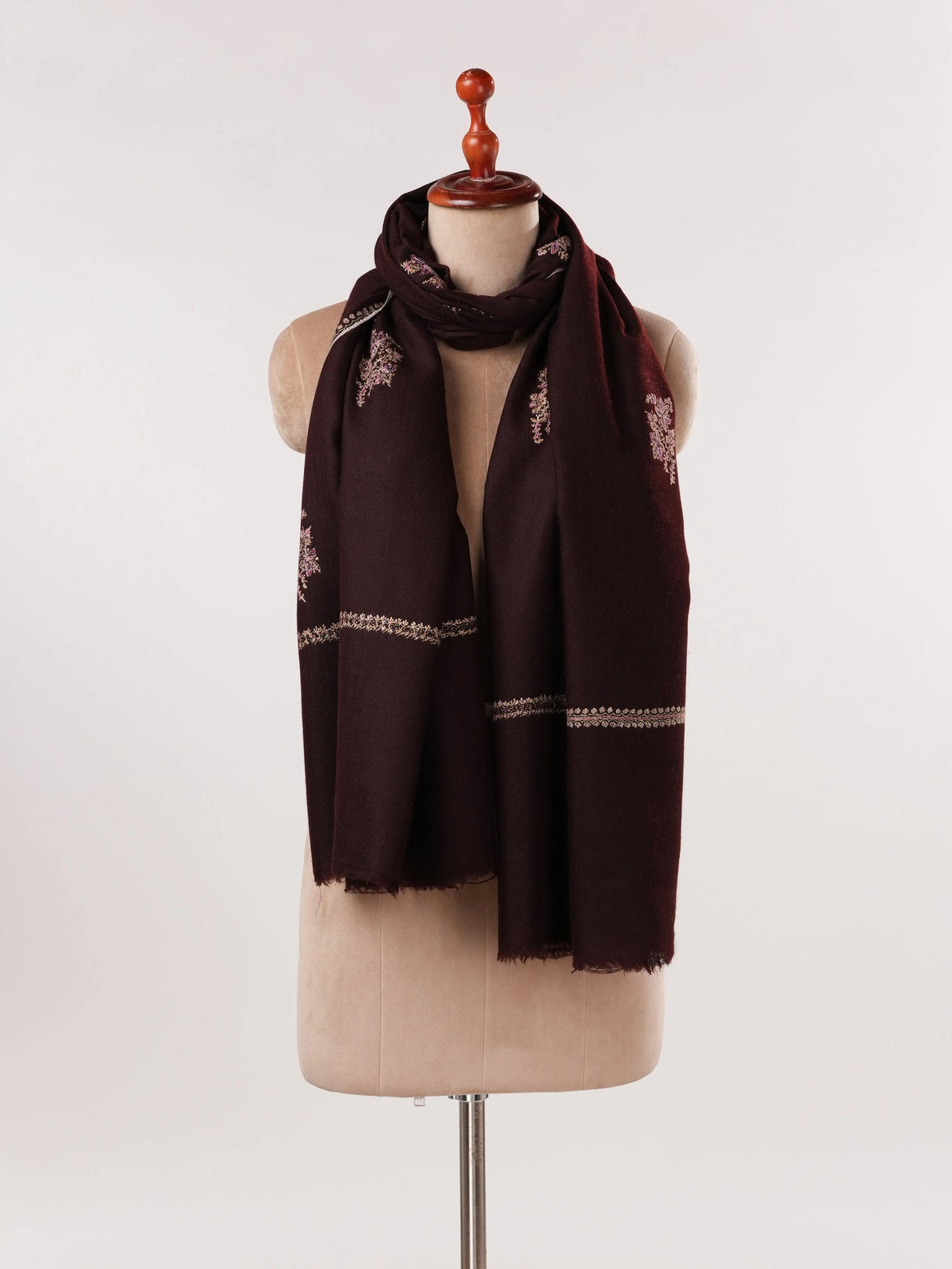 Handwoven Dark Brown Pashmina Shawl with Buteh Embroidery Shahkaar.com