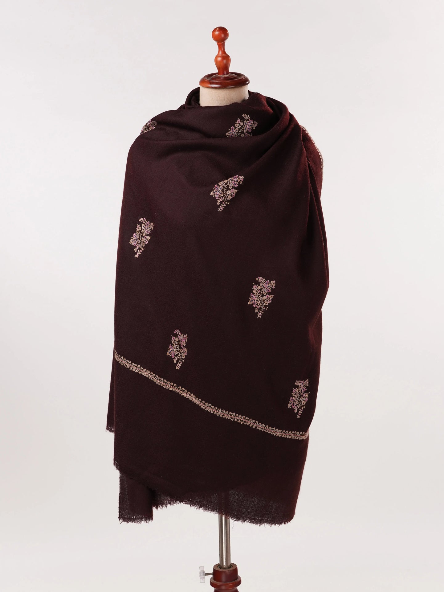 Handwoven Dark Brown Pashmina Shawl with Buteh Embroidery Shahkaar.com