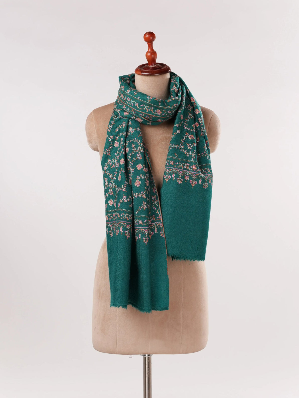 Kashmiri Turquoise Hand Embroidered Pure Forest Green Cashmere Scarf Shahkaar.com