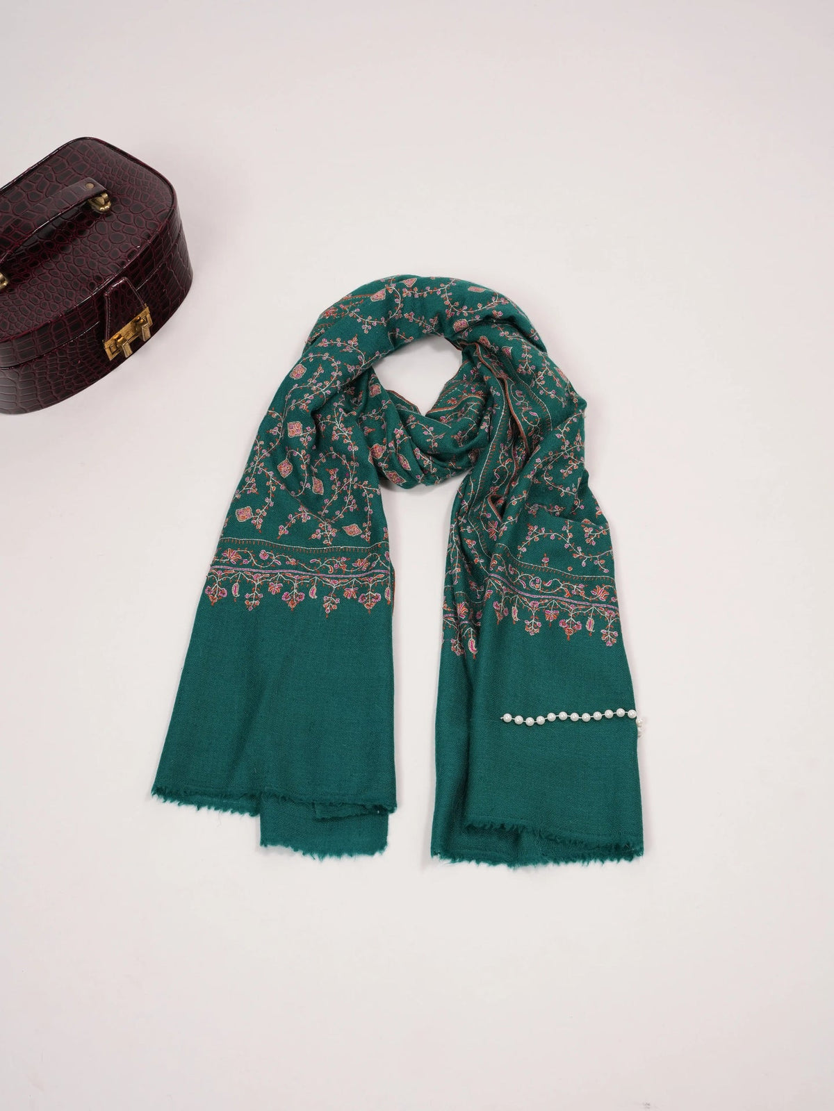 Kashmiri Turquoise Hand Embroidered Pure Forest Green Cashmere Scarf Shahkaar.com