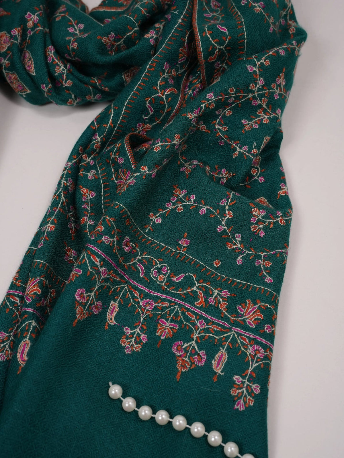 Kashmiri Turquoise Hand Embroidered Pure Forest Green Cashmere Scarf Shahkaar.com