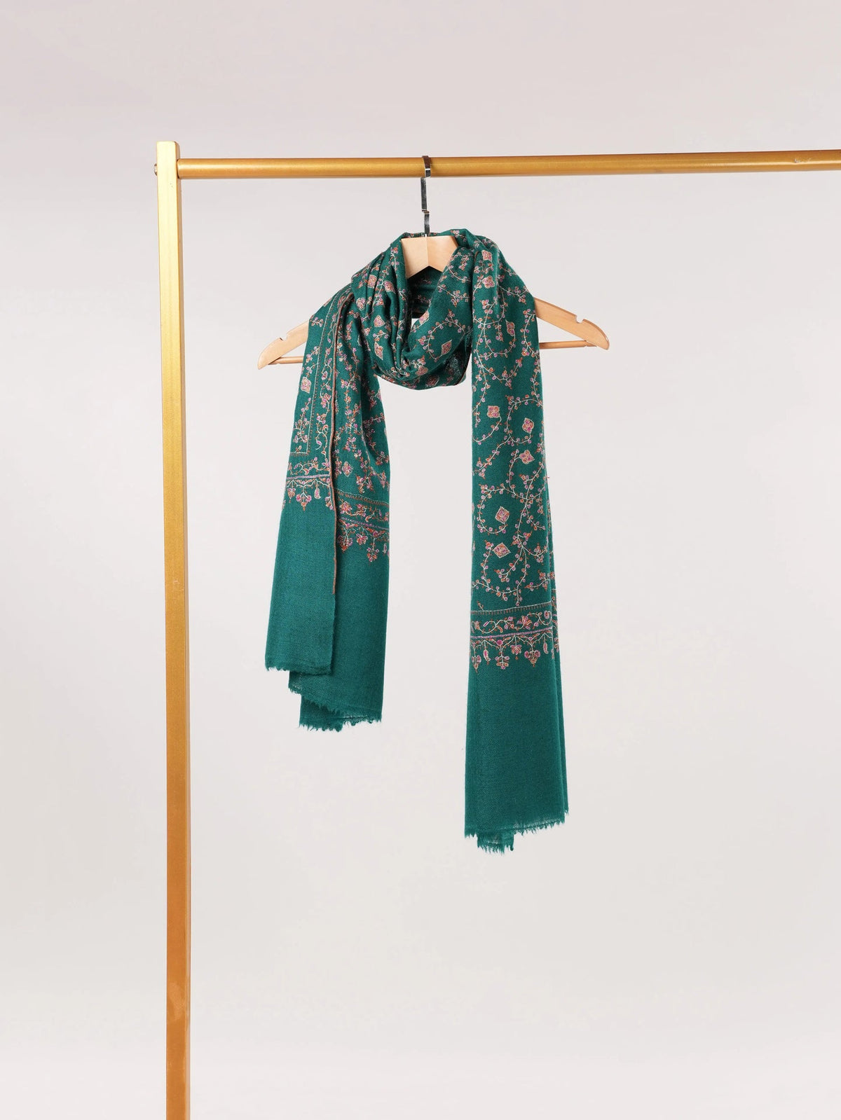 Kashmiri Turquoise Hand Embroidered Pure Forest Green Cashmere Scarf Shahkaar.com