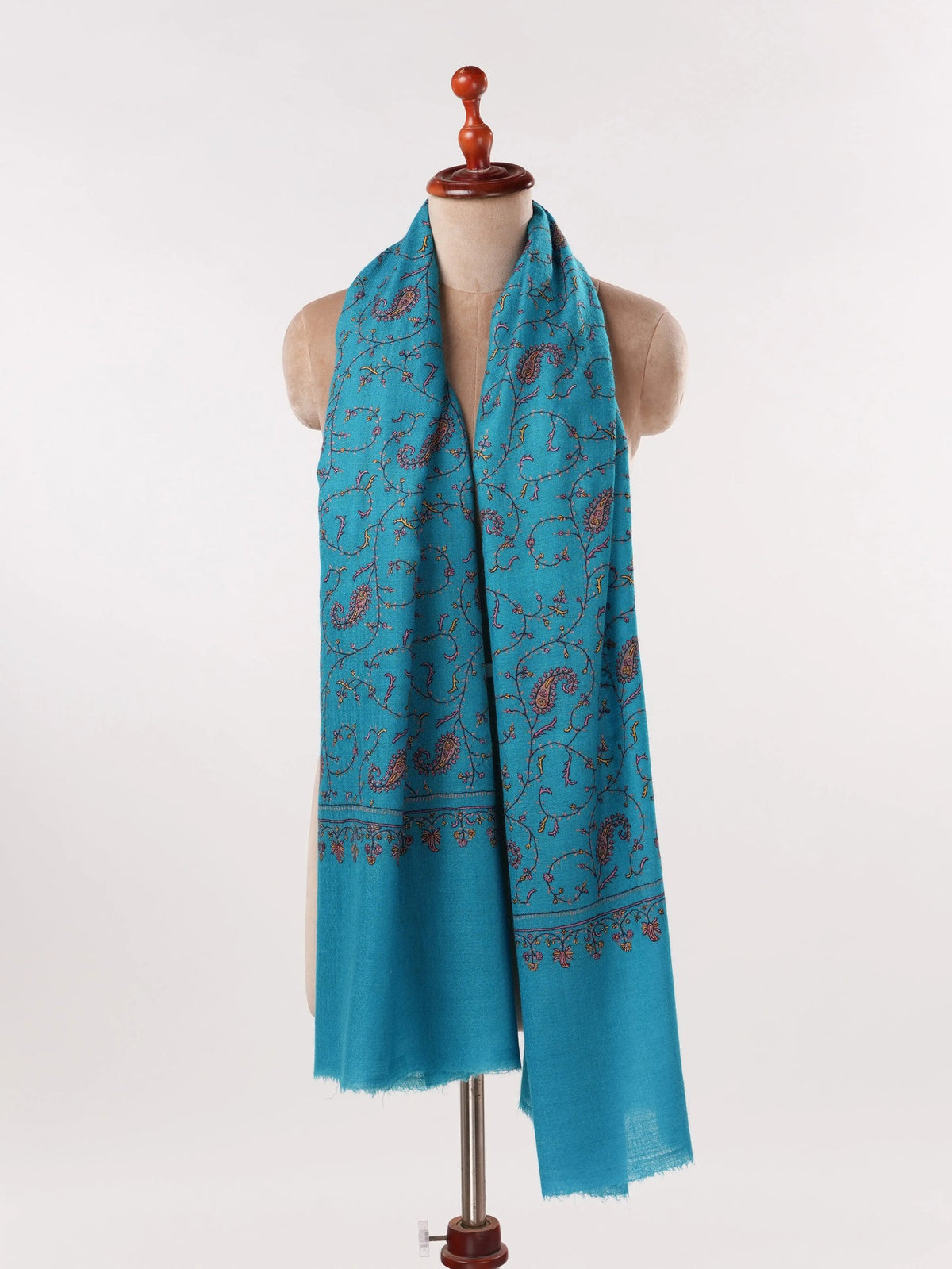 Sky Blue Handwoven Authentic Cashmere Scarf with Jali Hand Sozni Embroidery Shahkaar.com