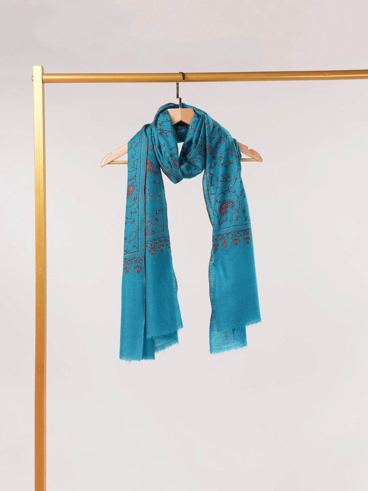 Sky Blue Handwoven Authentic Cashmere Scarf with Jali Hand Sozni Embroidery Shahkaar.com