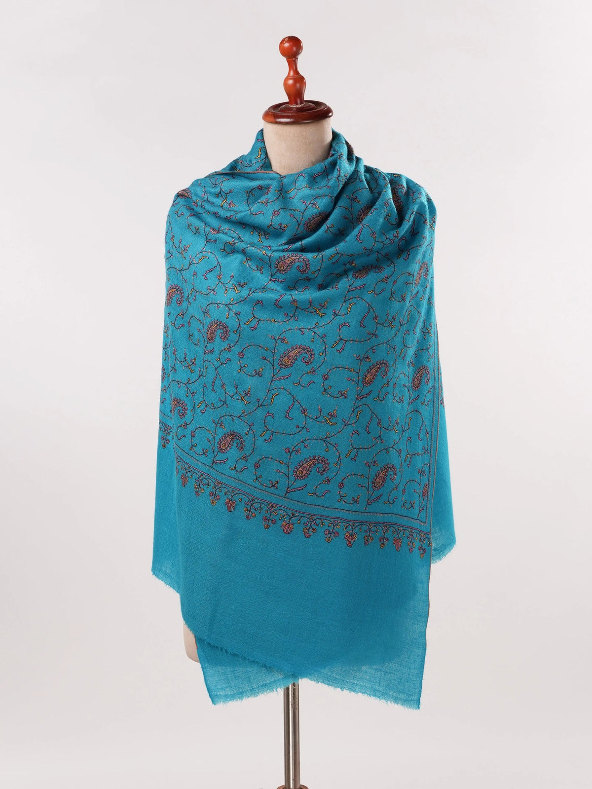 Sky Blue Handwoven Authentic Cashmere Scarf with Jali Hand Sozni Embroidery Shahkaar.com