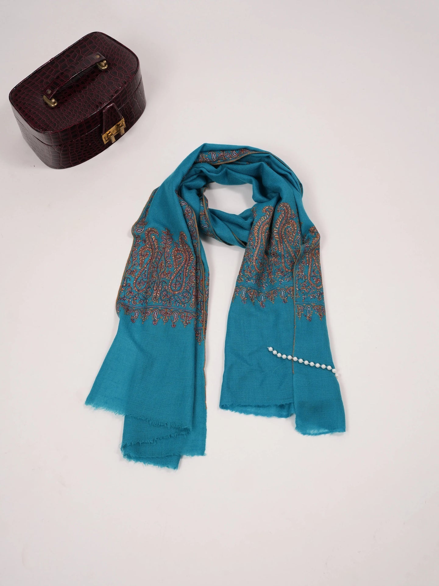 Blue Handwoven Cashmere Scarf with Palldar Sozni Embroidery Shahkaar.com