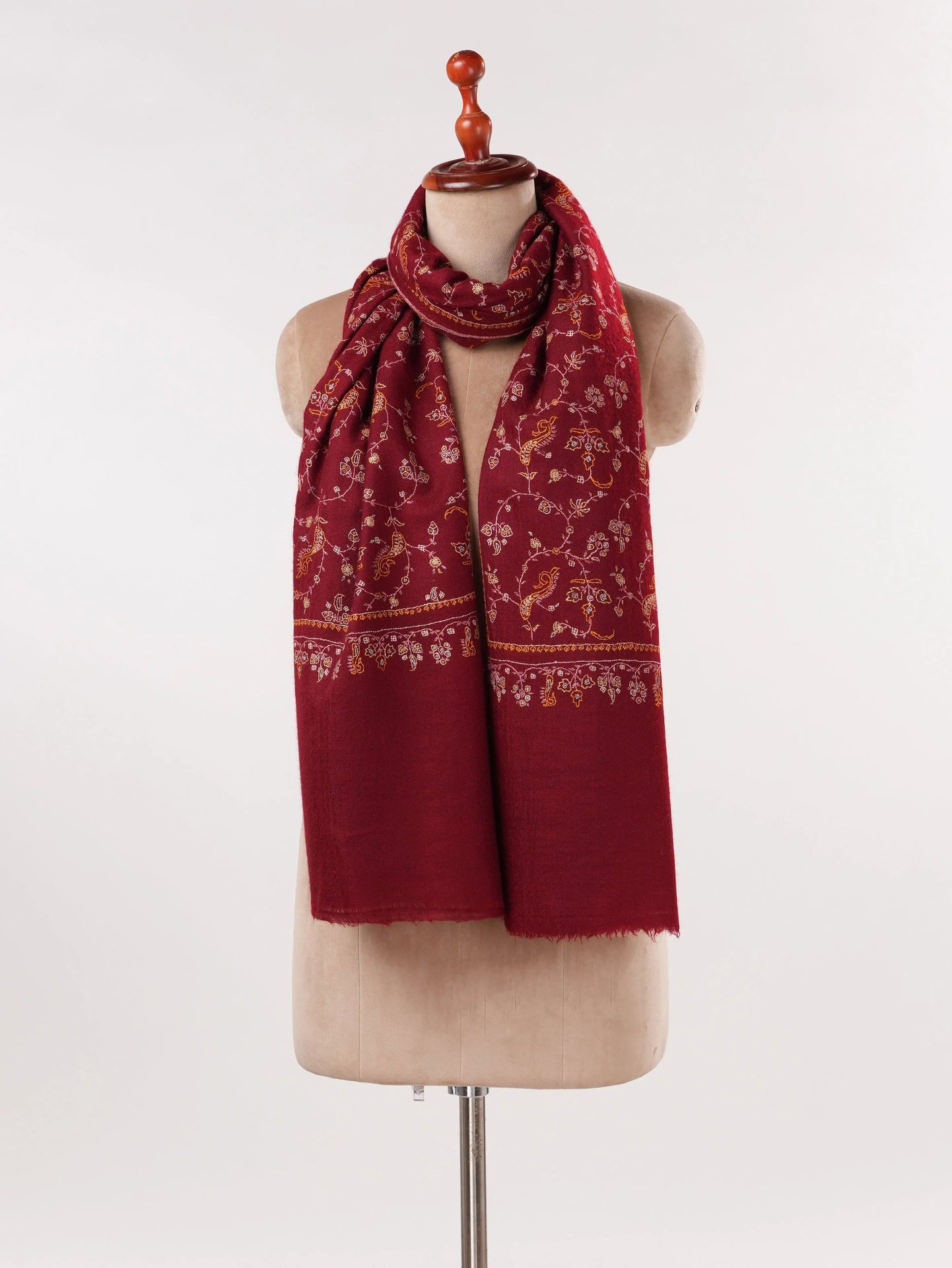Kashmiri Burgundy Cashmere Scarf with Jali Hand Embroidery Shahkaar.com