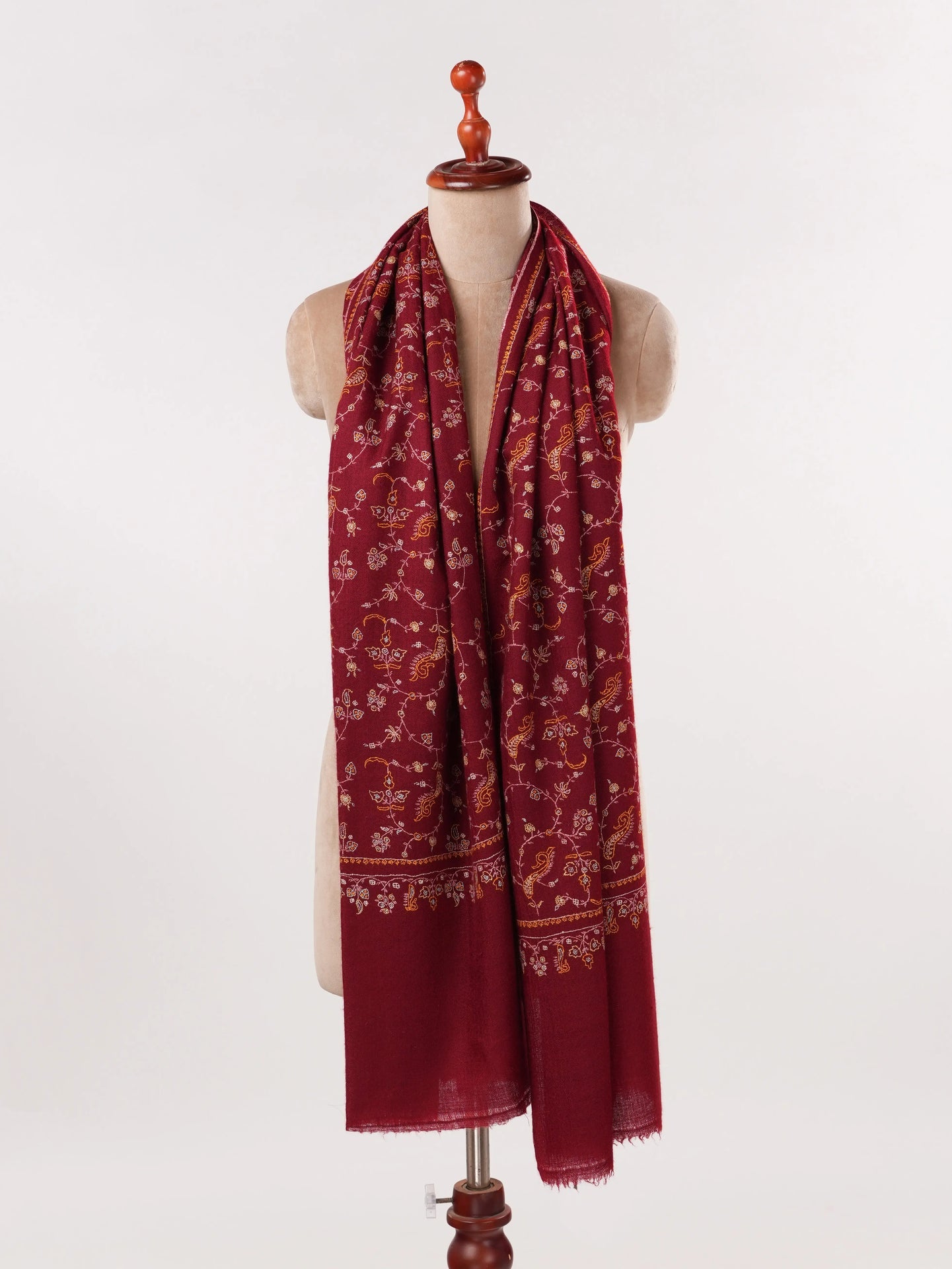 Kashmiri Burgundy Cashmere Scarf with Jali Hand Embroidery Shahkaar.com