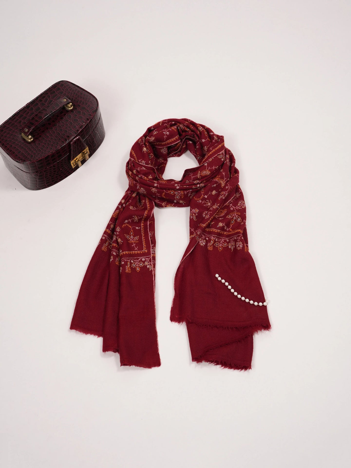 Kashmiri Burgundy Cashmere Scarf with Jali Hand Embroidery Shahkaar.com