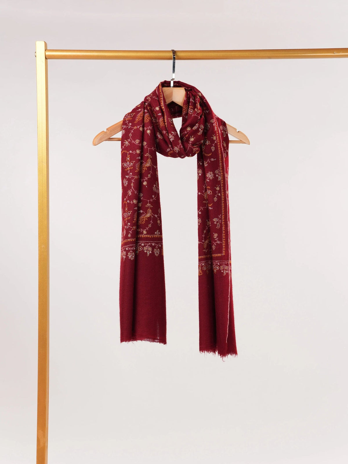 Kashmiri Burgundy Cashmere Scarf with Jali Hand Embroidery Shahkaar.com