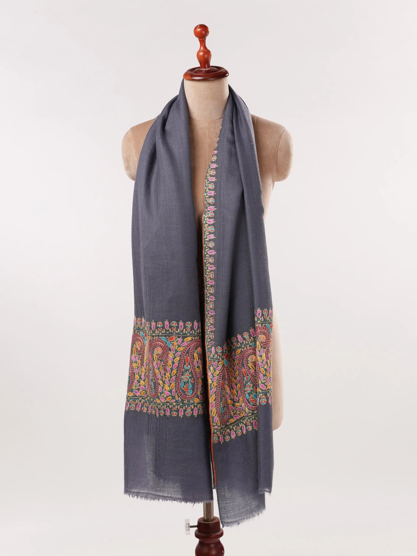 Grey Handwoven Cashmere Scarf with Palldar Papermachie Hand Sozni Embroidery Shahkaar.com