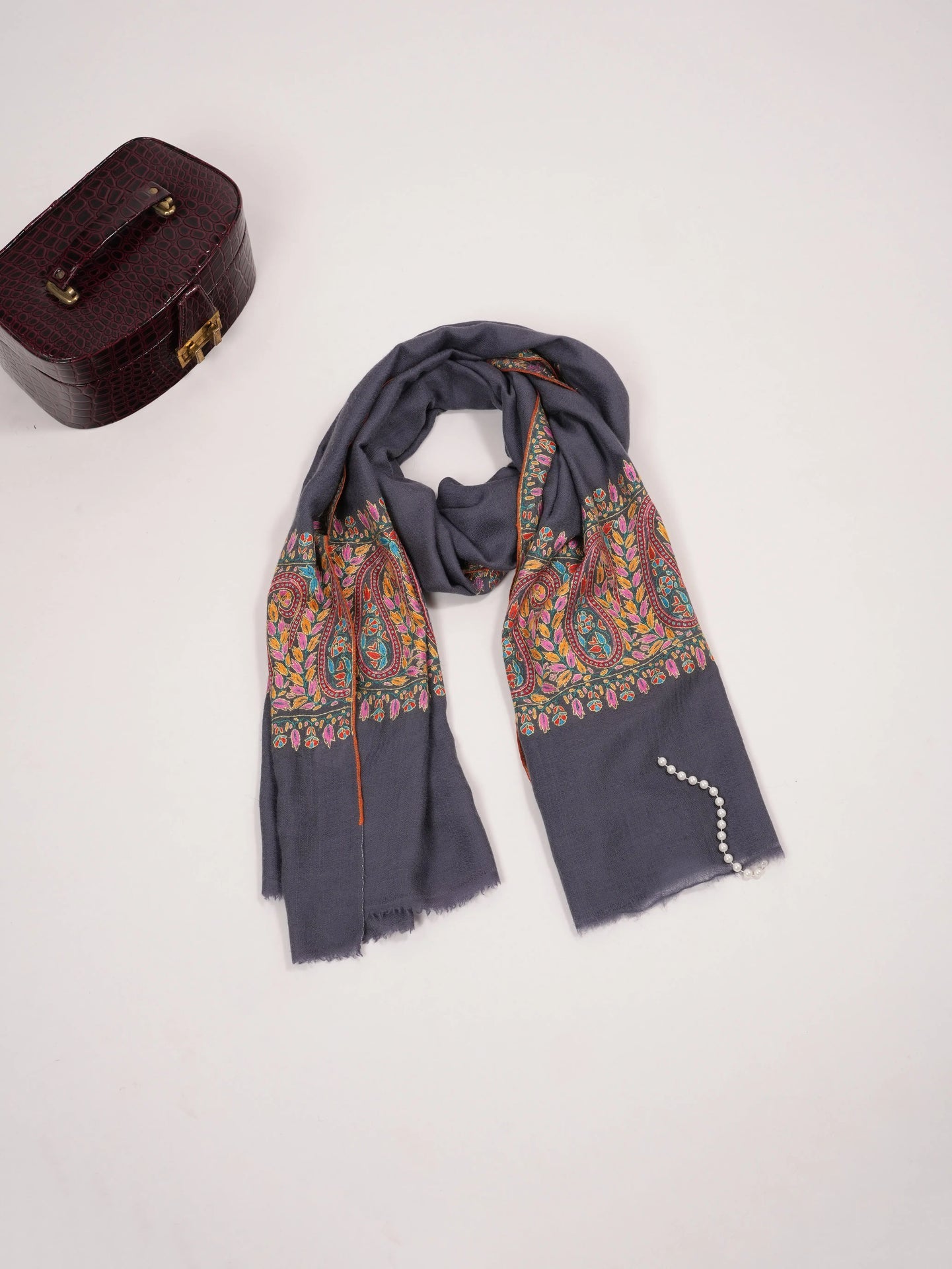 Grey Handwoven Cashmere Scarf with Palldar Papermachie Hand Sozni Embroidery Shahkaar.com