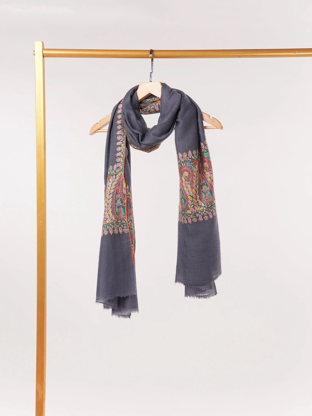 Grey Handwoven Cashmere Scarf with Palldar Papermachie Hand Sozni Embroidery Shahkaar.com