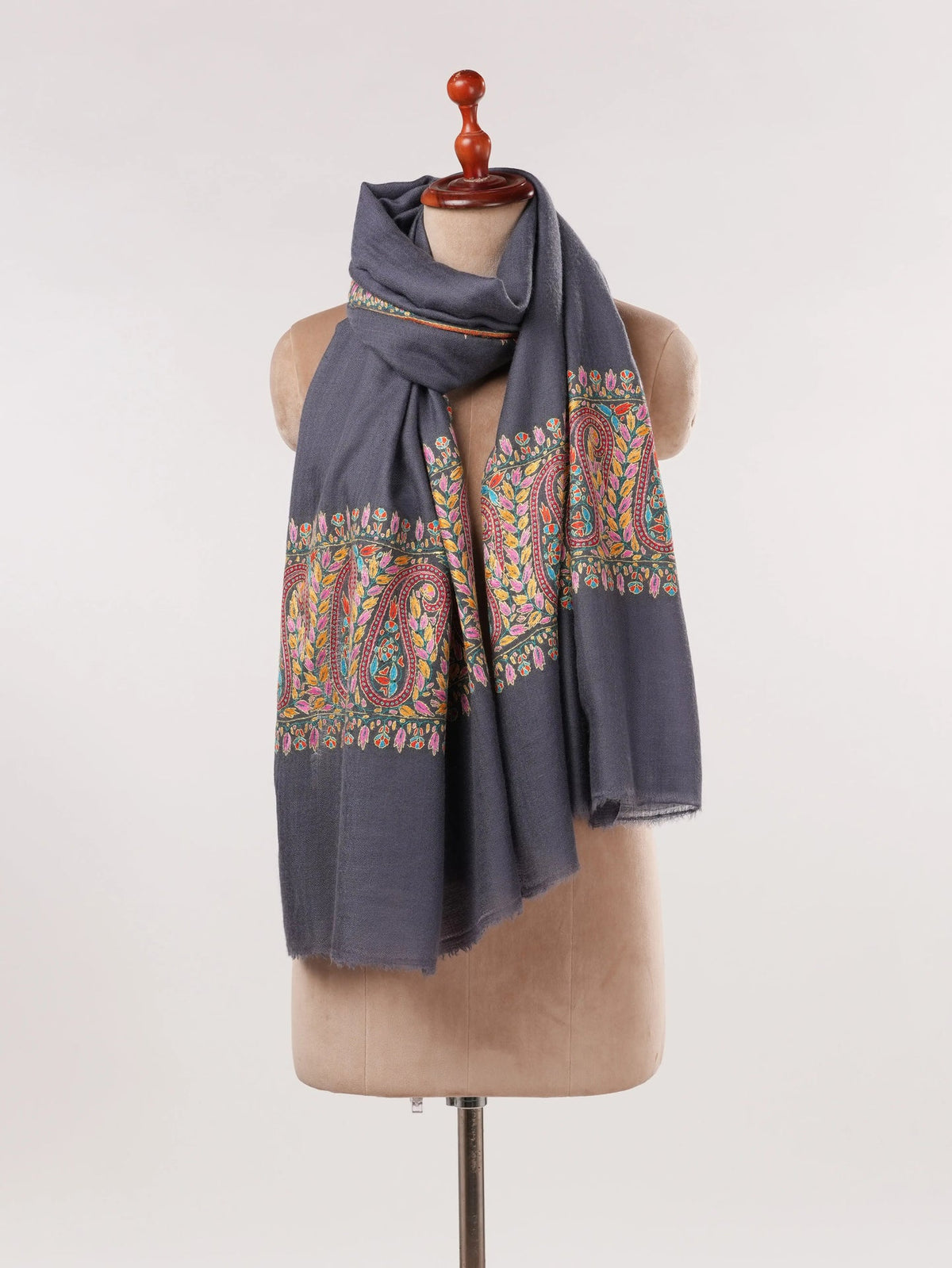 Grey Handwoven Cashmere Scarf with Palldar Papermachie Hand Sozni Embroidery Shahkaar.com