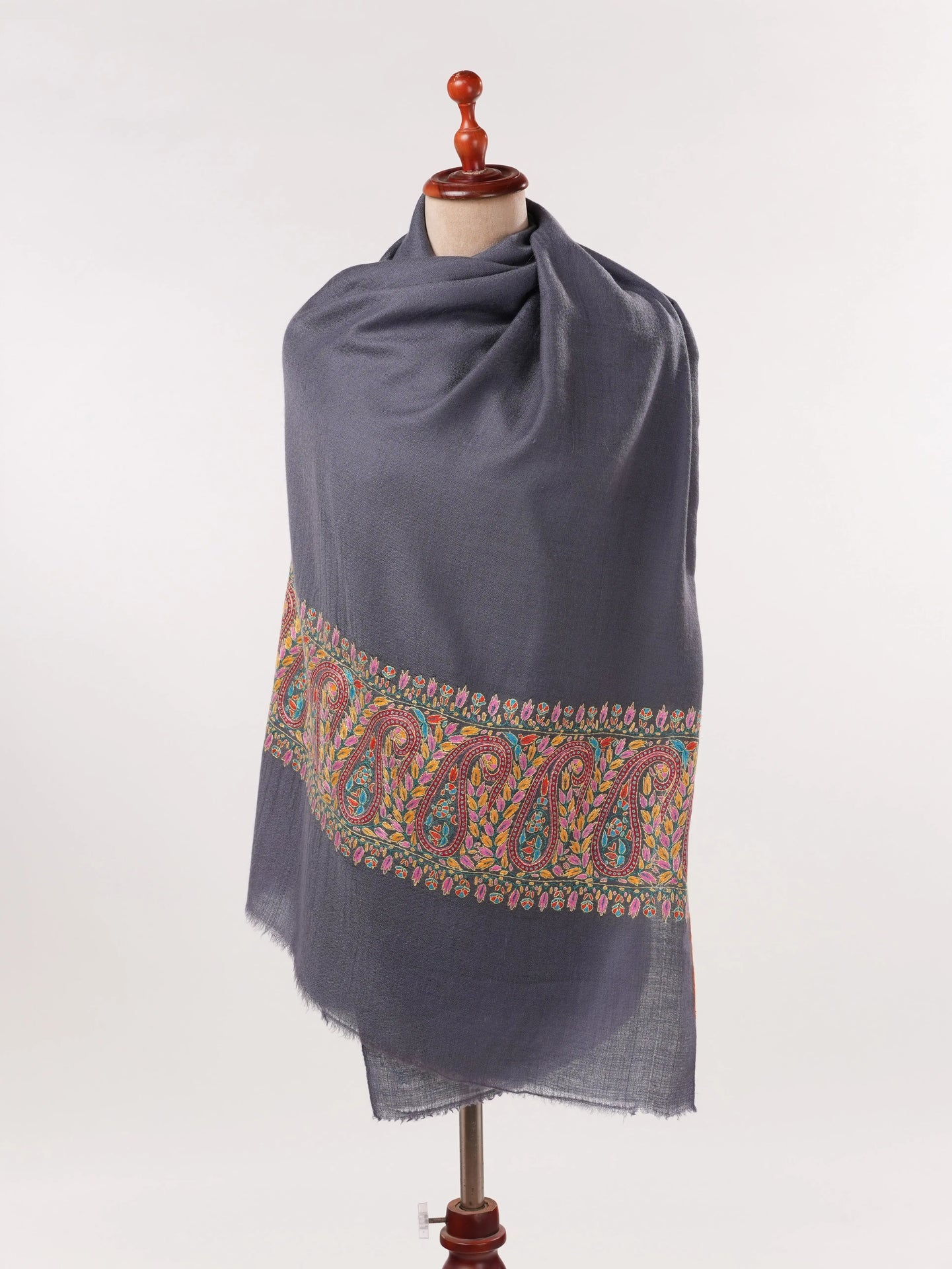 Grey Handwoven Cashmere Scarf with Palldar Papermachie Hand Sozni Embroidery Shahkaar.com