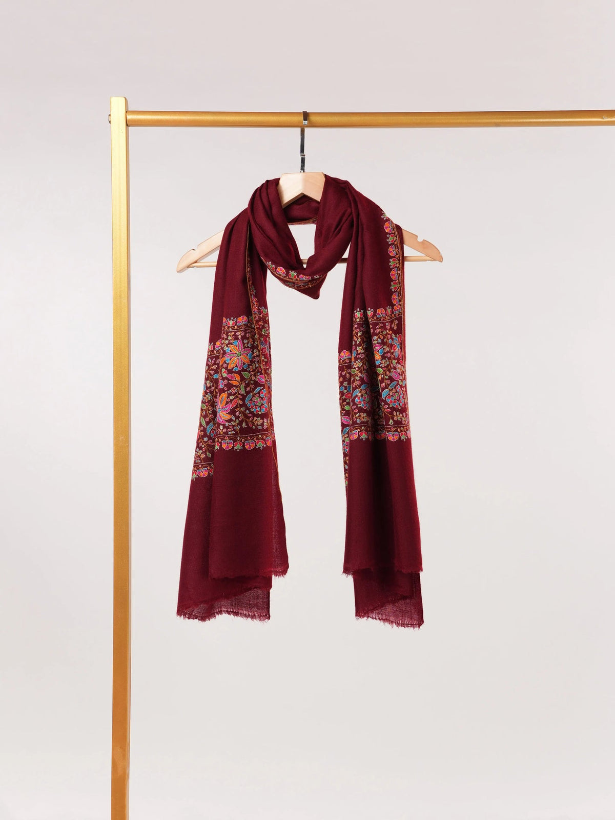Handwoven Maroon Cashmere Scarf with Palldar Papermachie Embroidery Shahkaar.com