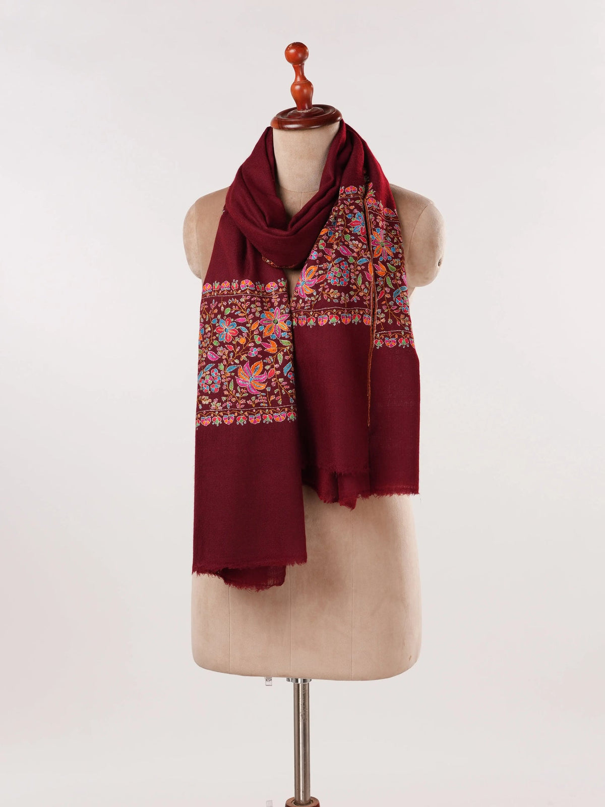 Handwoven Maroon Cashmere Scarf with Palldar Papermachie Embroidery Shahkaar.com