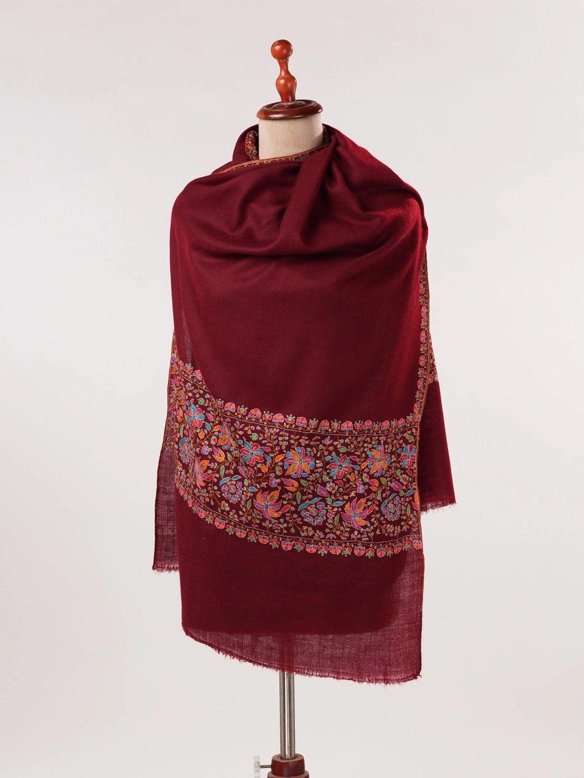 Handwoven Maroon Cashmere Scarf with Palldar Papermachie Embroidery Shahkaar.com