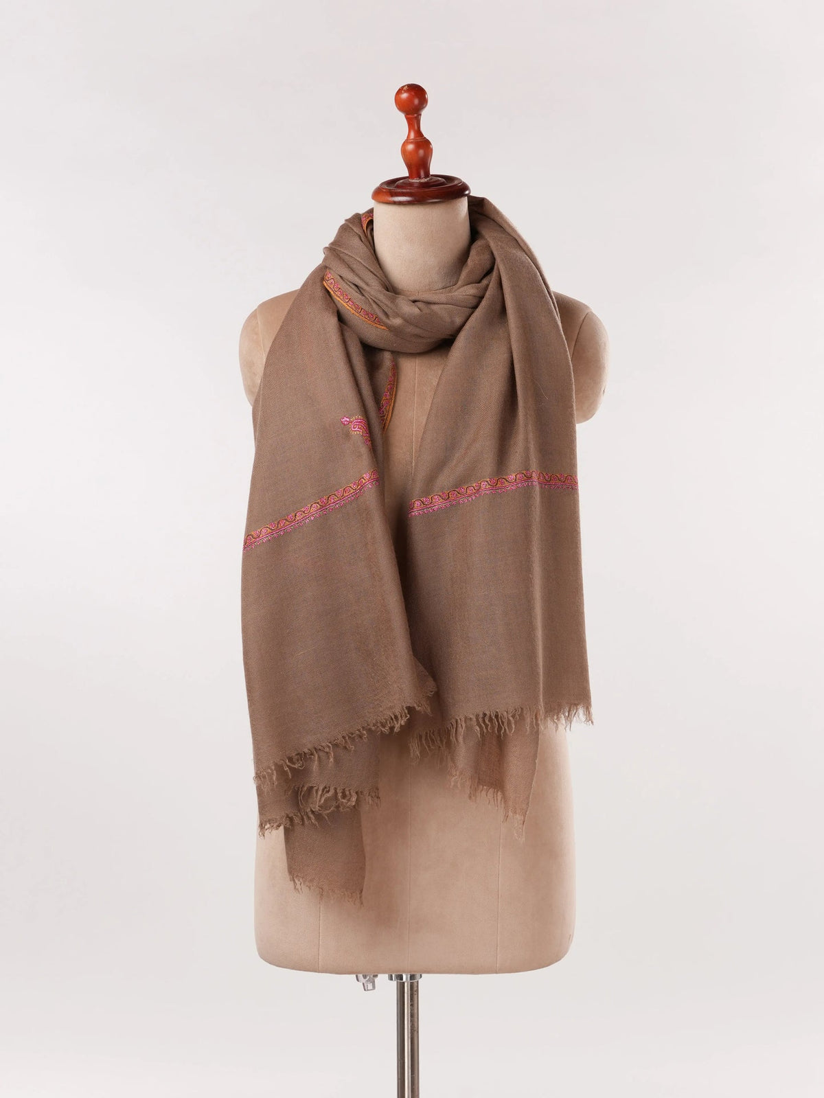 Natural Taupe Pashmina Shawl with Baildar Hand Embroidery Shahkaar.com